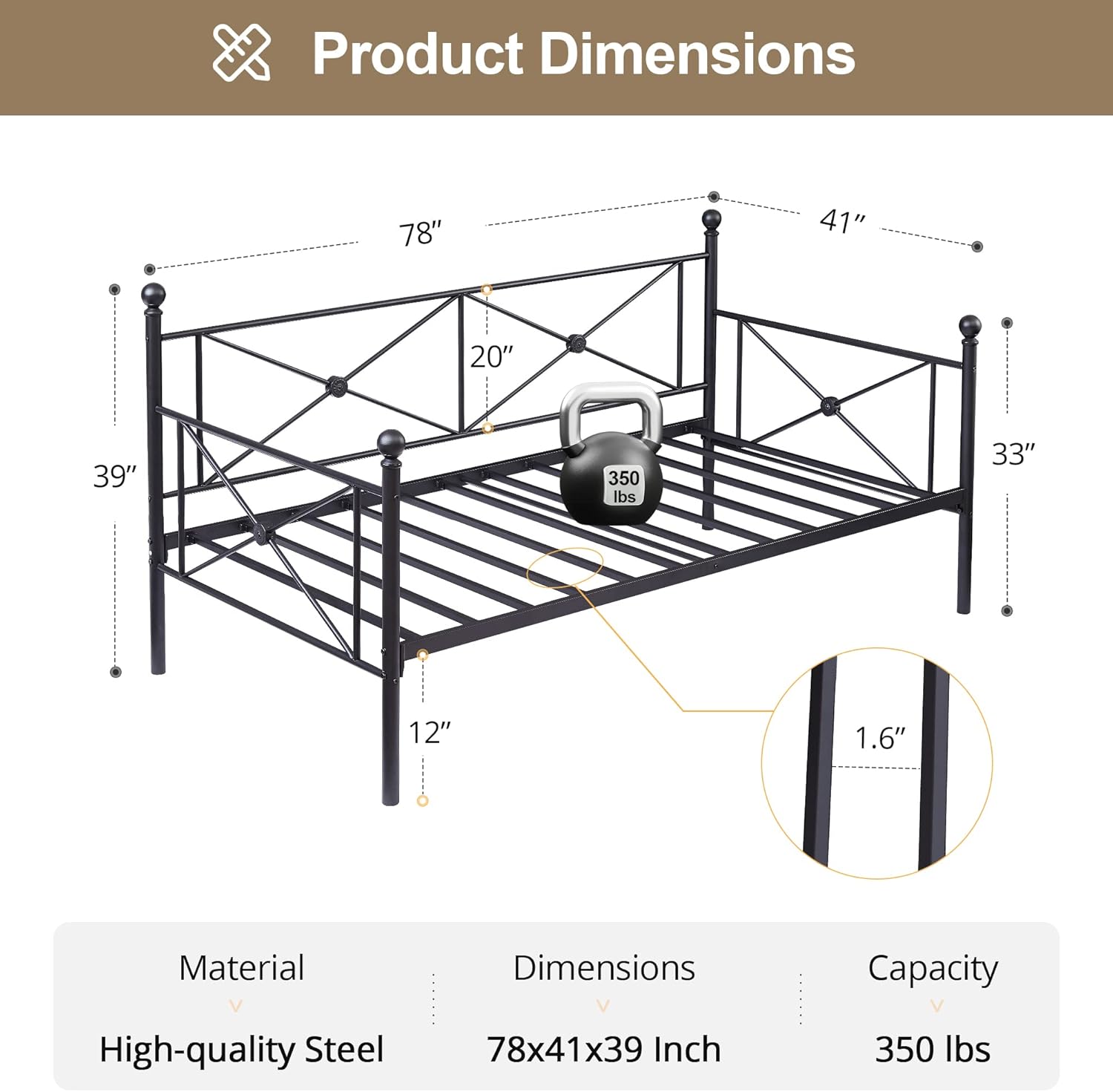 VECELO Classic Metal Daybed Frame Multifunctional Mattress