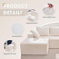 Vista 7 de Sofá modular en forma de L, de 3 asientos, espuma viscoelástica, para sala de estar, sofá estilo nube con diván, de gran tamaño, blanco, cuadros