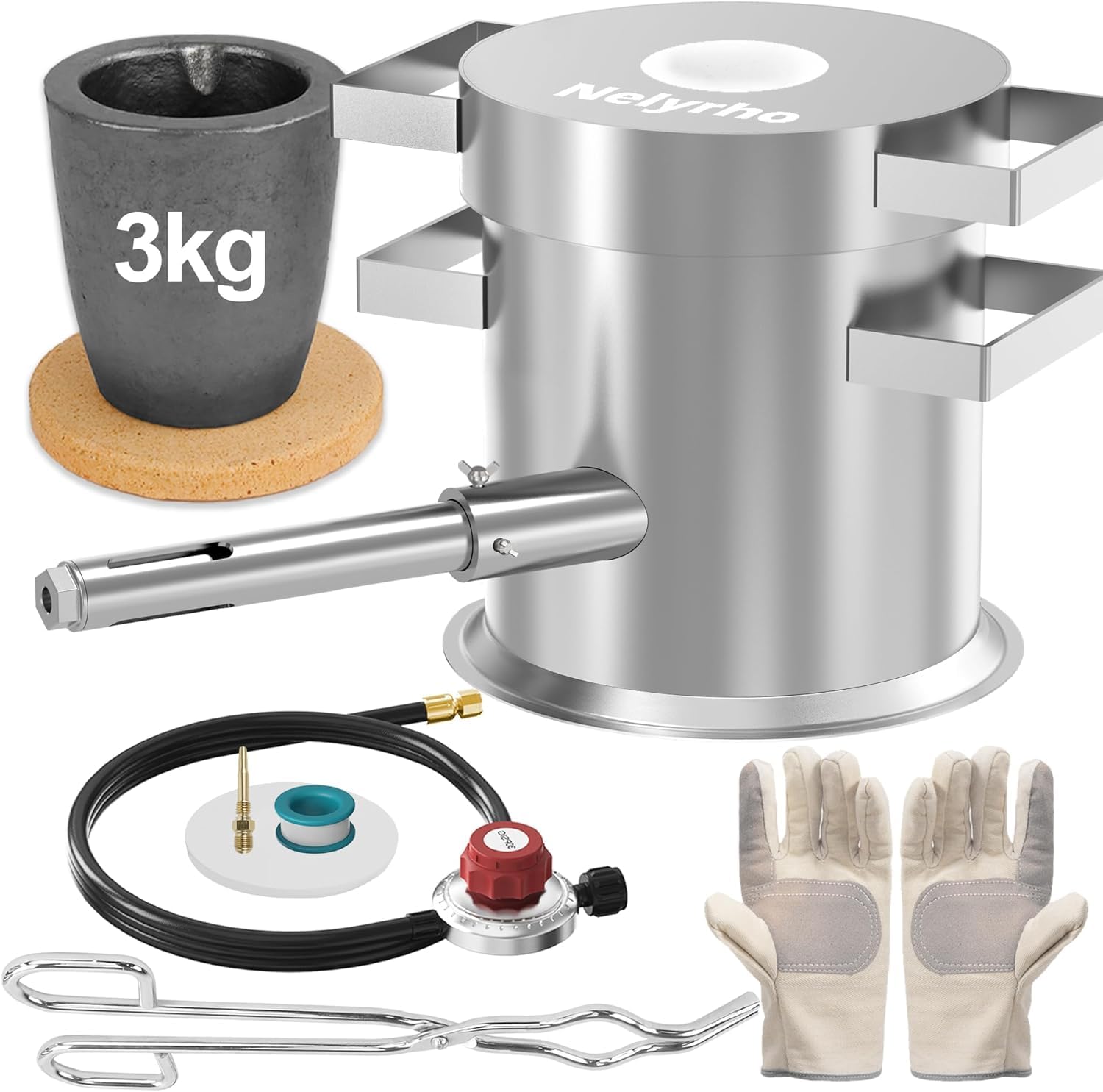 Nelyrho Kit de four de fusion de propane 3 kg - Fonderie en acier inoxydable robuste pour coulée de métal - Kit de fusion complet avec creuset, pince, gants pour or, argent, cuivre, aluminium