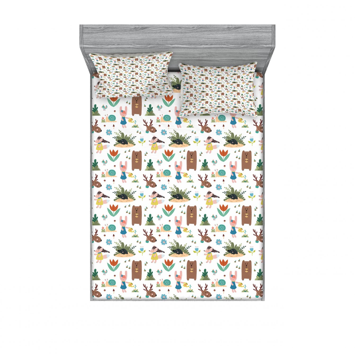 Ambesonne Animal Fitted Sheet & Pillow Sham Set, Cartoon Style Cheerful Woodland Animals as Bear Mole Deer Rabbit and Snail, Decorative Printed 6 Piece Bedding Decor, Calking, Brown White