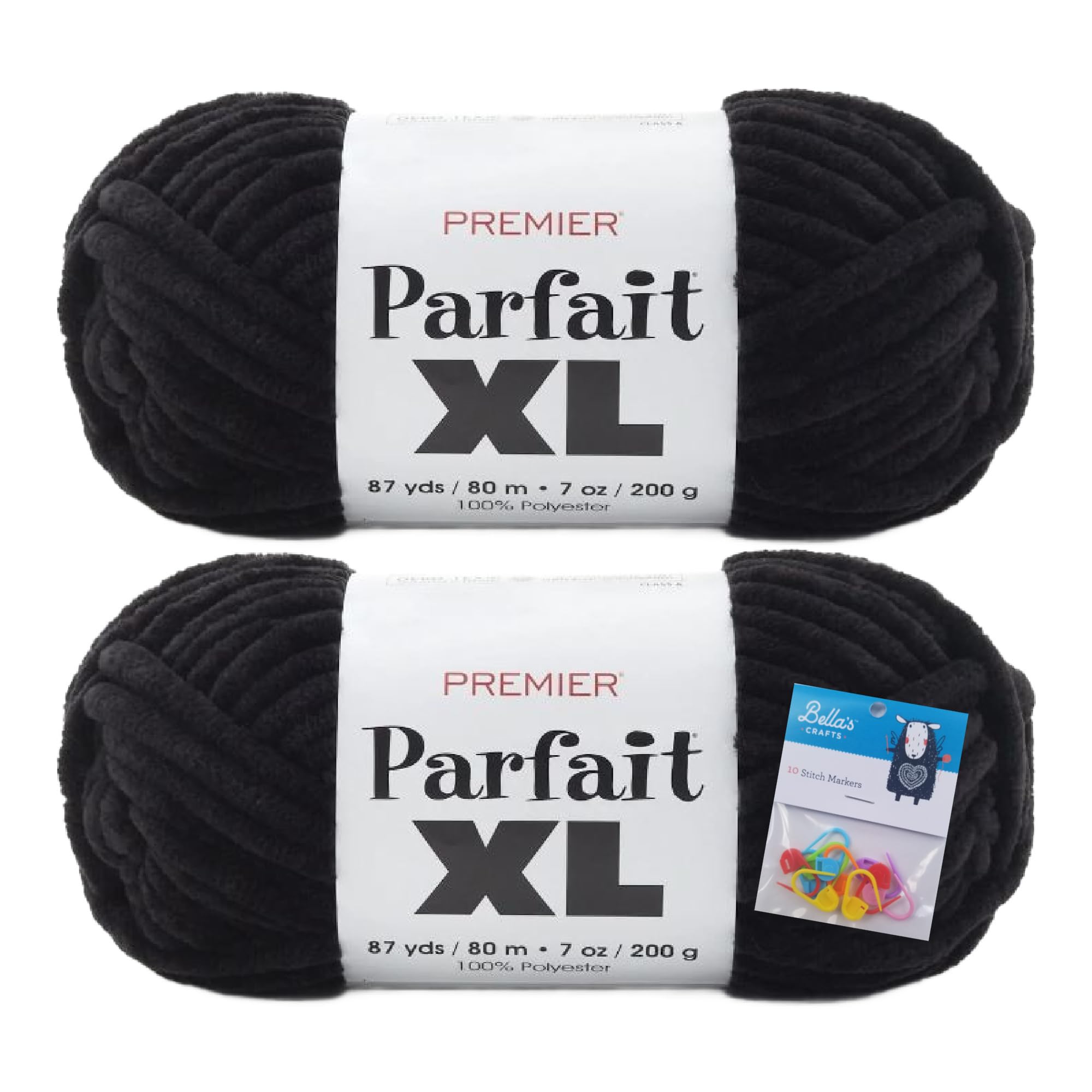 Bella's CraftsPremier Yarns Parfait XL - 7 Oz - #7 Jumbo Weight - 2 Pack Bundle with Stitch Markers (Black)