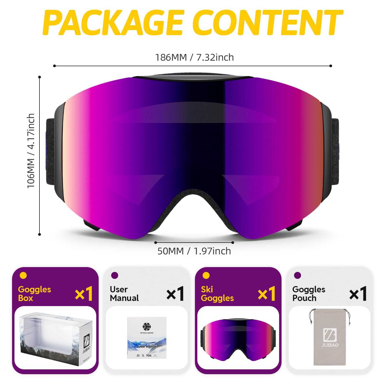 JUBAO Gafas de esquí abatibles para hombres y mujeres, antivaho, magnéticas, OTG, para nieve, snowboard, para desempañamiento instantáneo, protección UV400