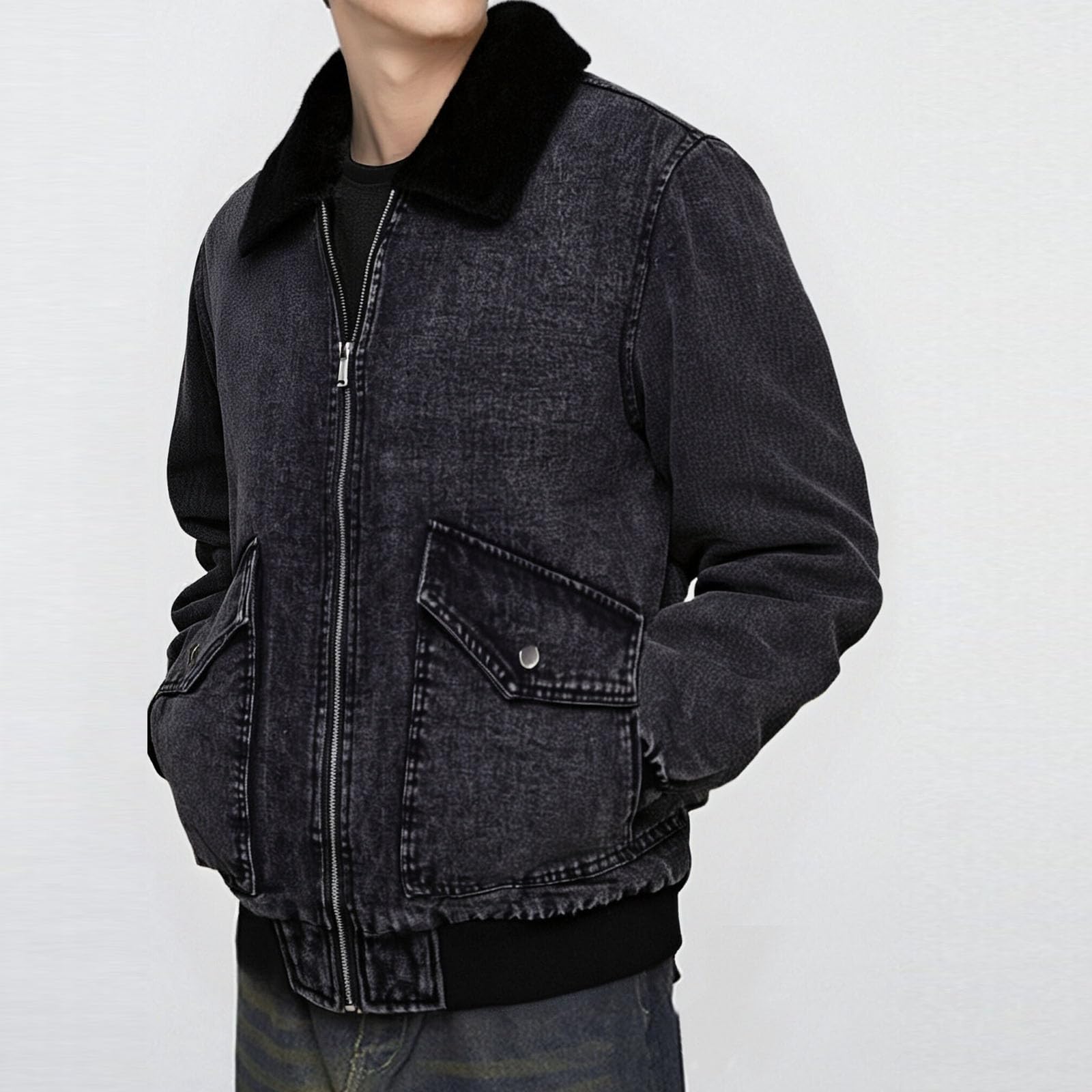 Genérico Otoño E Invierno para Hombre Solapa Clásica Forro Grueso Cálido Chaqueta Vaquera con Cremallera De Manga Larga Chaqueta Suelta Informal para Exteriores A Prueba De Frío
