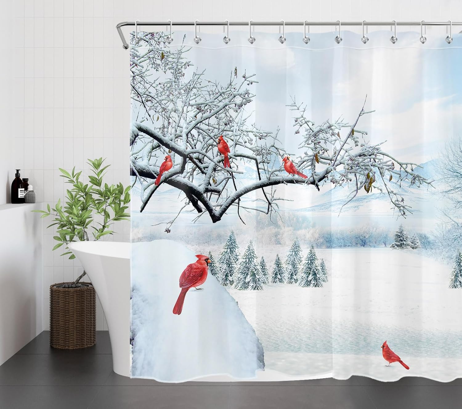 HVEST Winter Shower Curtain & Bathroom Rug Set, Cardinal on Branch Christmas Pattern, 70L x 70W Inches, Snowy Mountain Scene