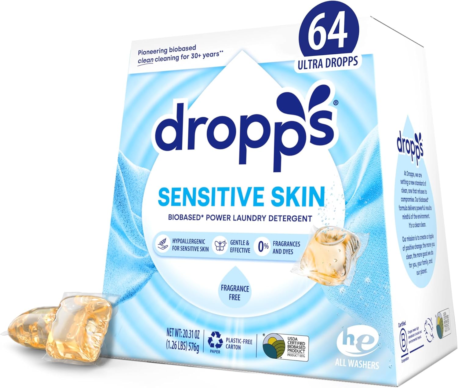 Dropps Sensitive Skin Laundry Detergent Pods, Unscented (64 Count) – Dermatologist Tested Laundry Pods – HE Compatible Laundry Supplies for Clean Clothes, Vegan & Dye-Free