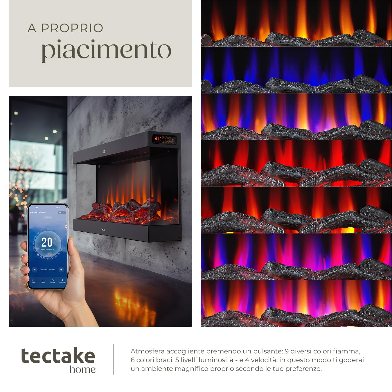 tectake® Caminetto elettrico da parete, 91,4 x 38x 24,5 cm, Camino Elettrico Smart, 2 livelli di calore 900/1800 W, Stufa effetto fiamma 3D, 9 colori, 5 Livelli luce, termostato, telecomando, app Tuya