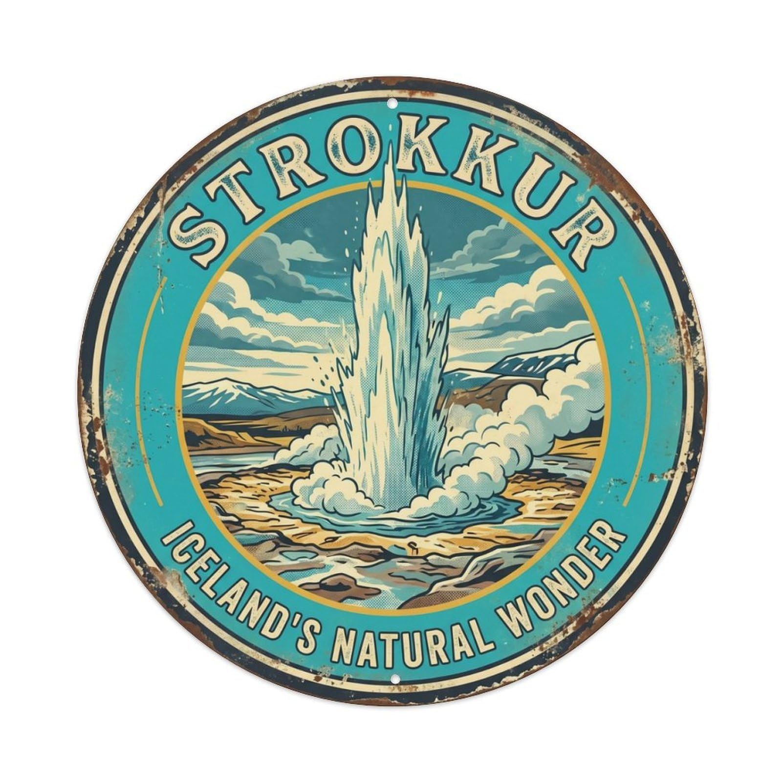 Vintage Travel Strokkur Iceland Geyser Metal Tin Sign Plaque Wall Decor for Cafe, Club Bar, Office, Home Garden Round Metal Poster 8x8Inch