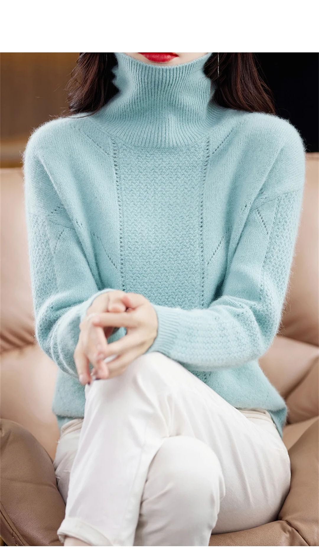 Vogrtcc Maglione da Donna Autunno Inverno Cashmere Collo Alto Top in Maglia Lavorato A Maglia Tinta Unita Cavo