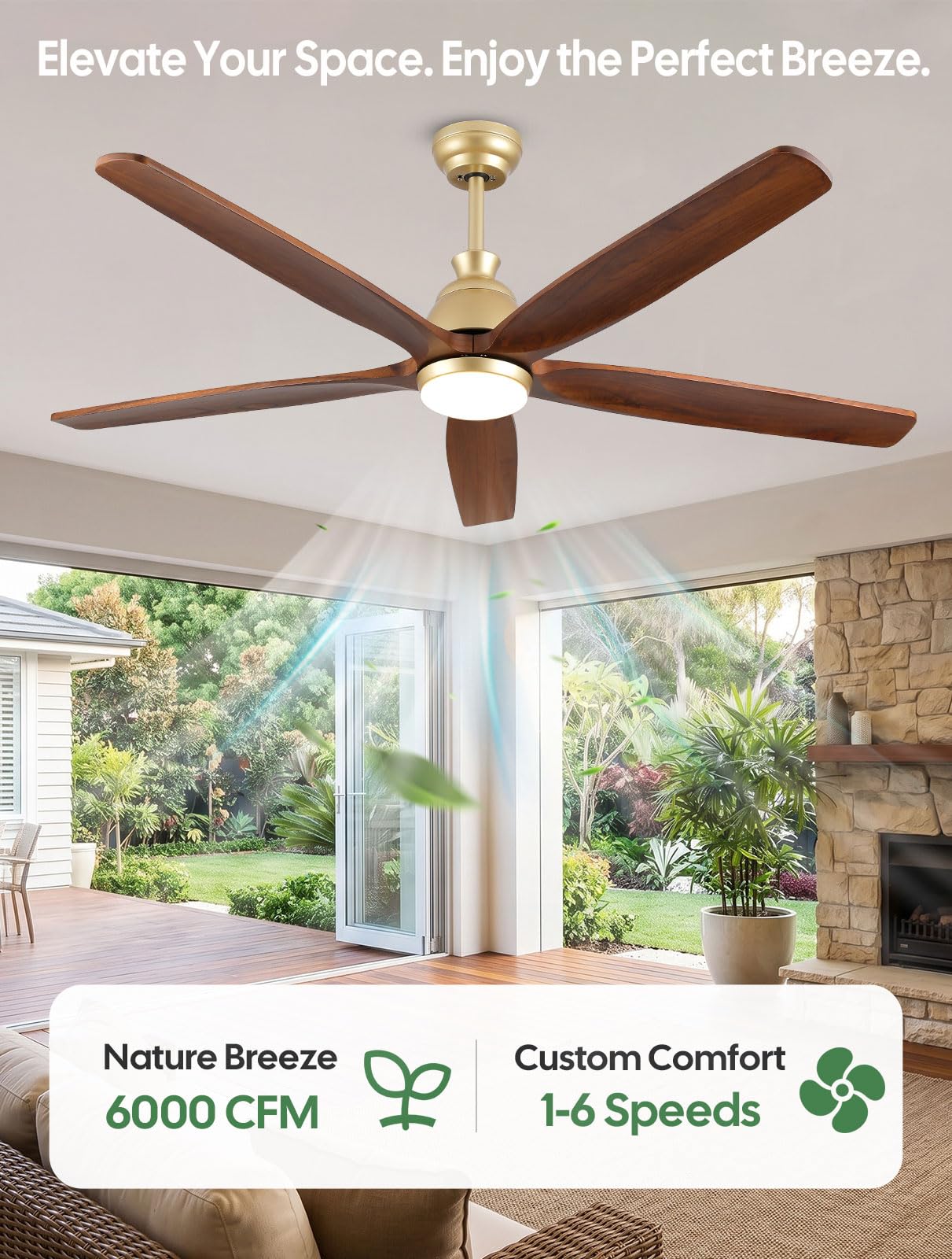 Ventilador de Techo con Luz y Mando a Distancia Madera, 132cm, Motor DC Reversible Silencioso, 6 Velocidades, 8H Temporización, Ventilador de Techo Moderno de 5 aspas para Interior y Exterior