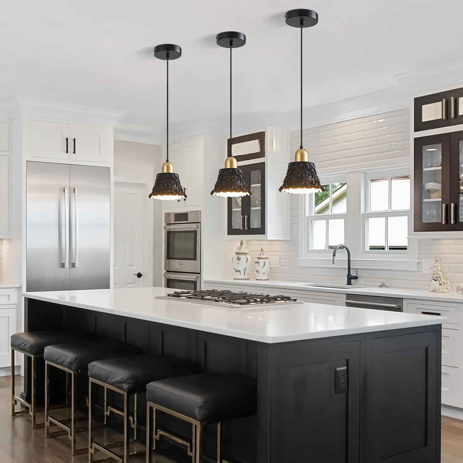 Black Gold Pendant Lights for Kitchen Island,French Vintage Resin Ceiling Hanging Lights Mini Pendant Light Fixture for Dining Room Bedroom Hallway Bar