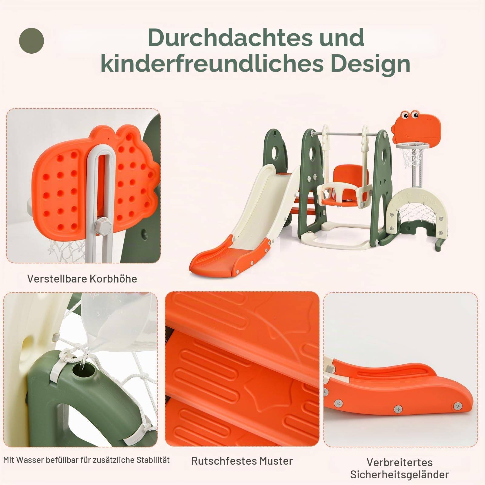 HOMASIS 6-in-1 Kinderrutsche mit Schaukel, Freistehende Rutsche & Schaukel & Basketballkorb & Kletterleiter & Fußballtor & Golfloch, Kinder Spielplatz für ab 3 Jahre Indoor & Outdoor (Orange+Grün)