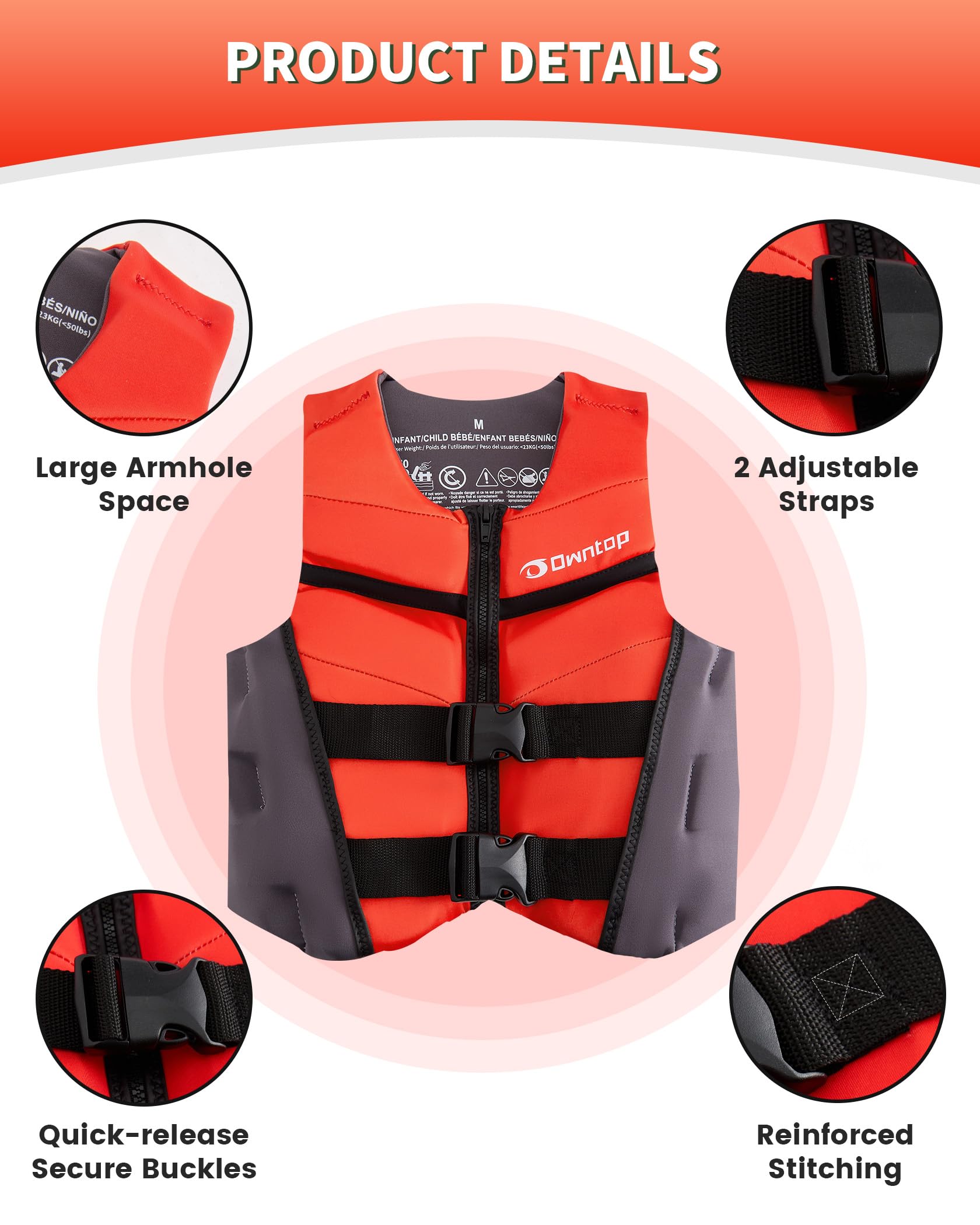 Owntop Gilet da Nuoto Junior | Aiuto al Galleggiamento per Ragazzi e Bambini | Giubbotto Galleggiante in Neoprene Leggero con Doppie Cinghie di Sicurezza Regolabili per Nuoto, Kayak, Pesca