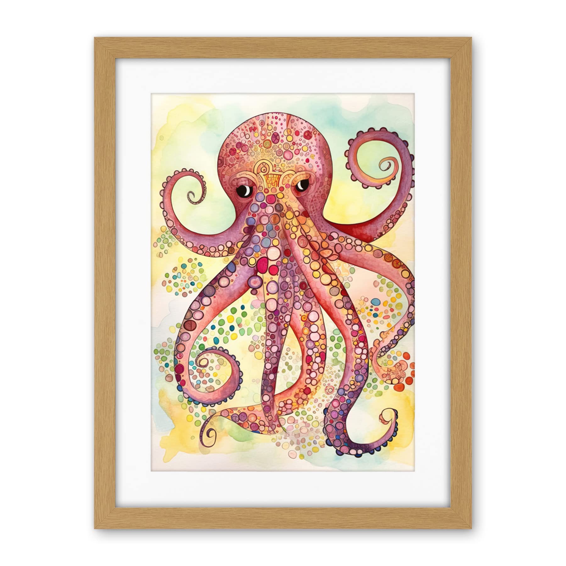 Artery8 Octopus Portrait Bright Folk Art Watercolour Painting Artwork Framed Wall Art Print 18X24 Inch