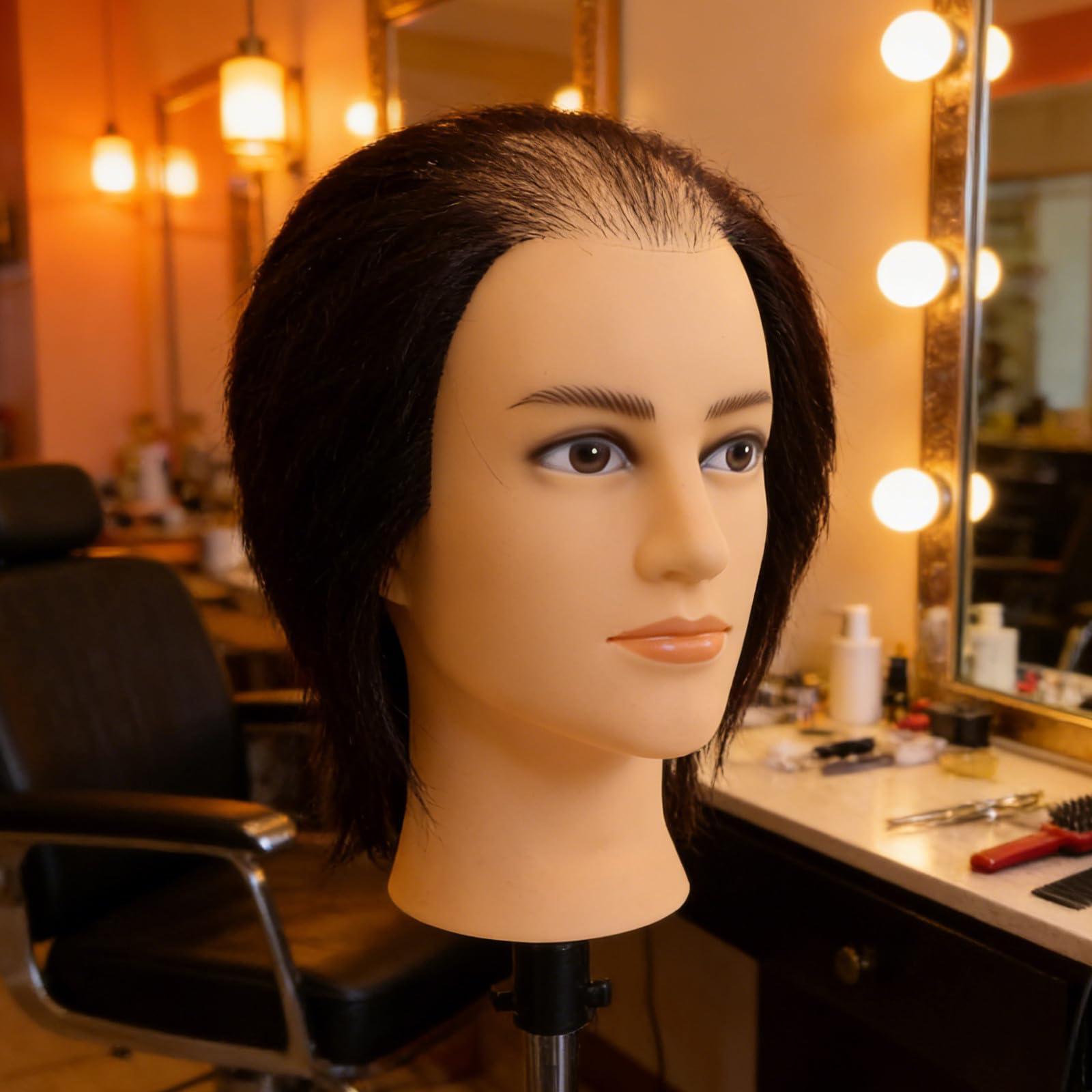 Friseur Übungskopf für Haarstyling Männlicher Puppenkopf aus PVC Schwarz Realistische Haarstruktur und Haardichte für Salontraining und Prüfungsvorbereitung für Anfängerfriseure