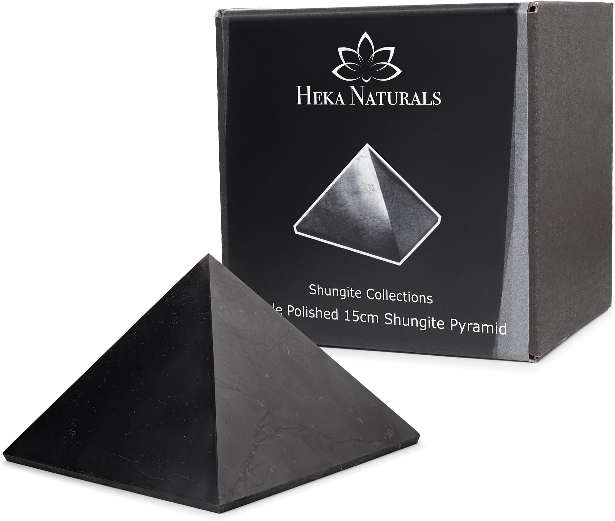 Polished Shungite Pyramid 6 Inches, Contains Fullerenes for EMF Protection | Authentic Anti-Radiation Shungite Stone Figures from Karelia, Russia | 6 inch Pyramid, Polished