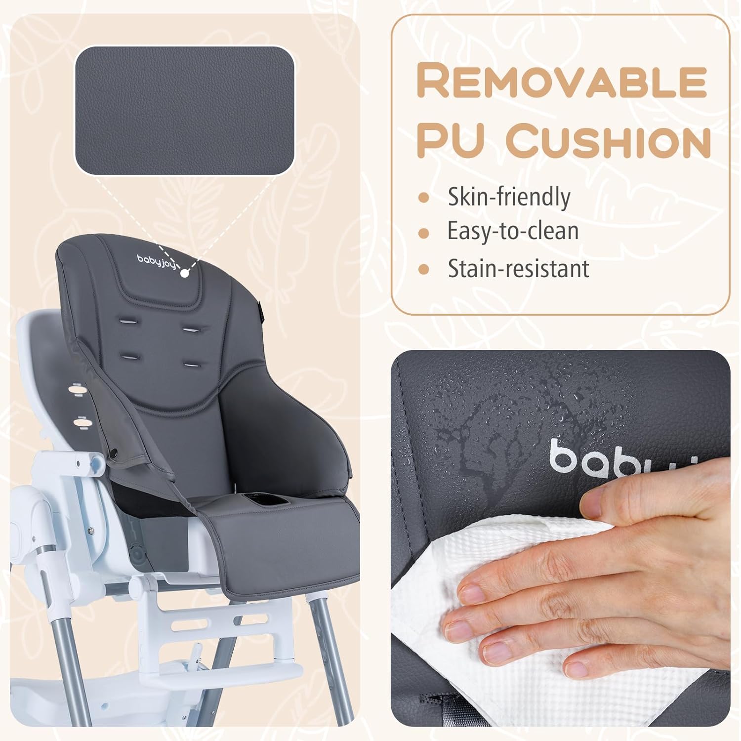 BABY JOY Foldable High Chair, Portable Highchairs for Babies and Toddlers with 7 Heights, 5 Recline Positions, Adjustable Foot Rest, Double Removable Tray & Built-in Wheels (Dark Gray)
