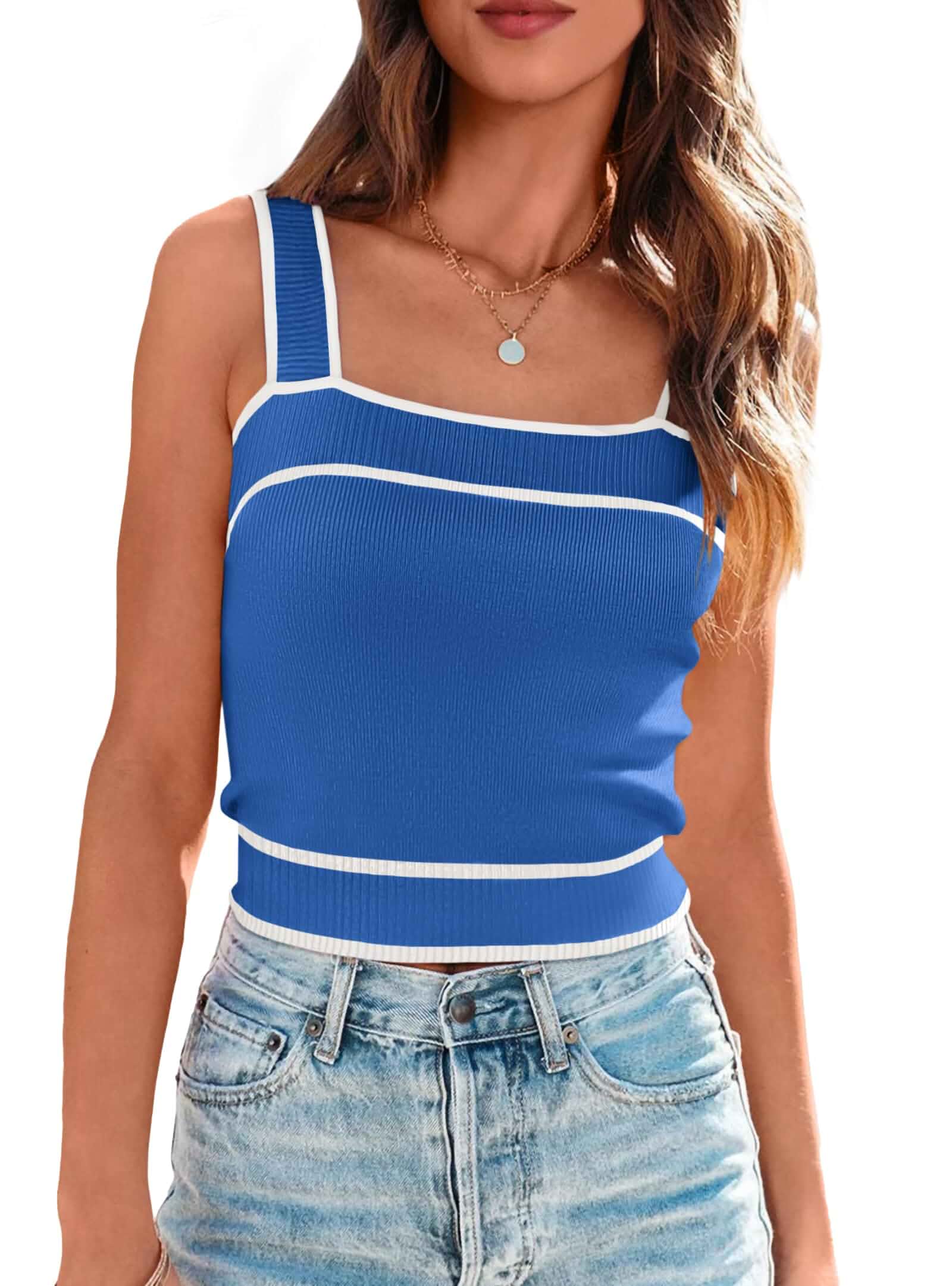 NALANISA Womens Trendy Square Neck Crop Tank Tops Knit Sleeveless Y2k Shirt Color Block, Cute Summer Tops, Lightweight Slim Fit Cami Shirts, Vacation Teacher Outfits 2026