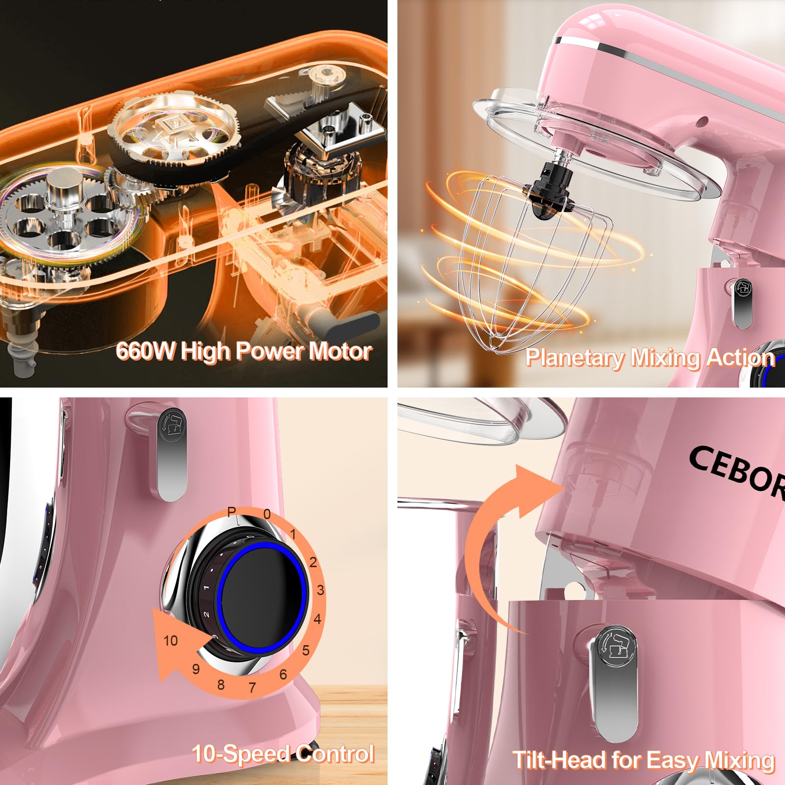 CEBORY 3-IN-1 Electric Stand Mixer, 6.5QT Bowl 660W 10-Speed Kitchen Mixer, Household Food Mixers include Dough Hook, Beater and Whisk, Bread Cake Mixer for Baking and Most Home Cooks,: Pink