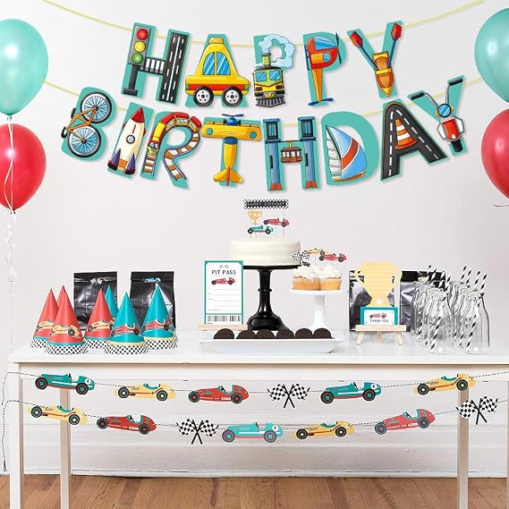 Transportation Happy Birthday Banner, Car Train Helicopter Bicycle Sailboat Rocket Traffic Light Printed Garlands Hanging Banners for Transportation Theme Birthday Party Decorations Baby Shower