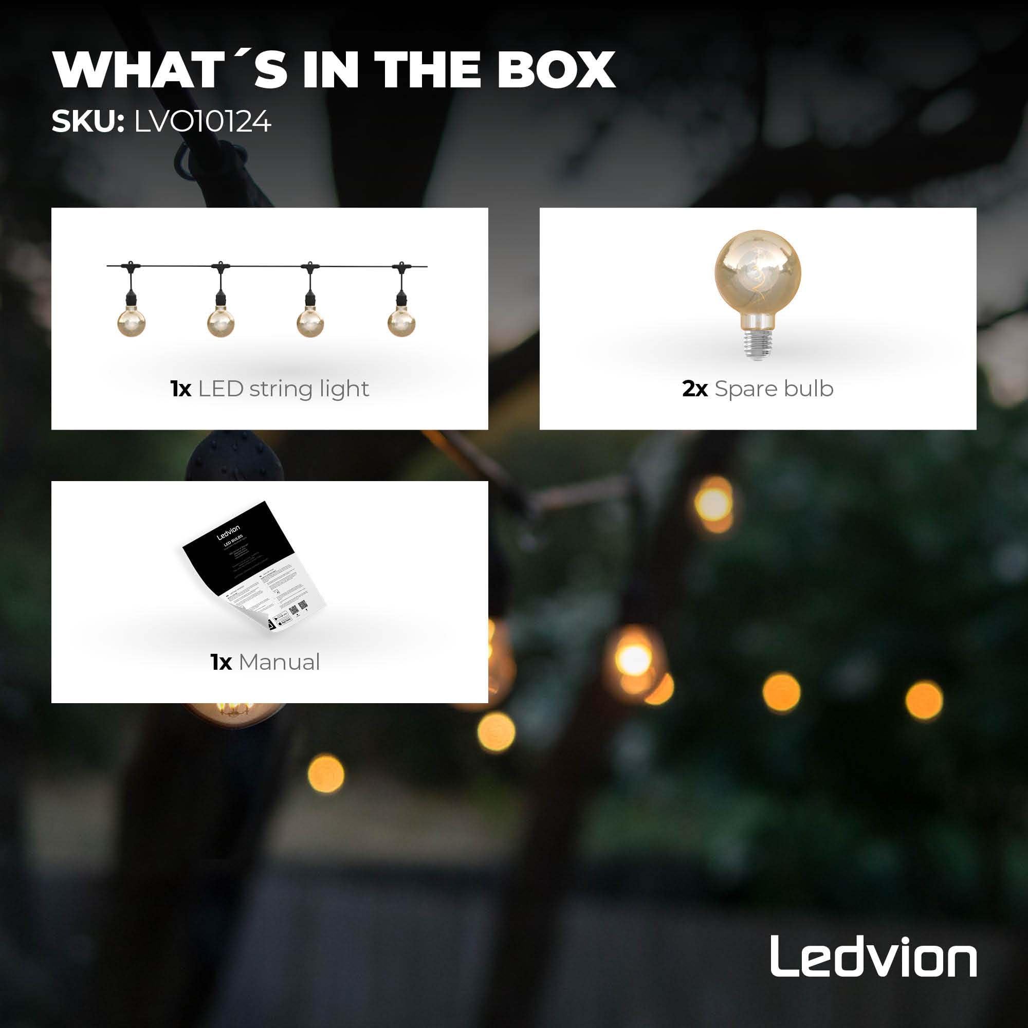 Ledvion - Guirlande LED 10M + 3M Câble d'Extension, Incl. 10 Ampoules LED E27, IP44, Connectable, Économique