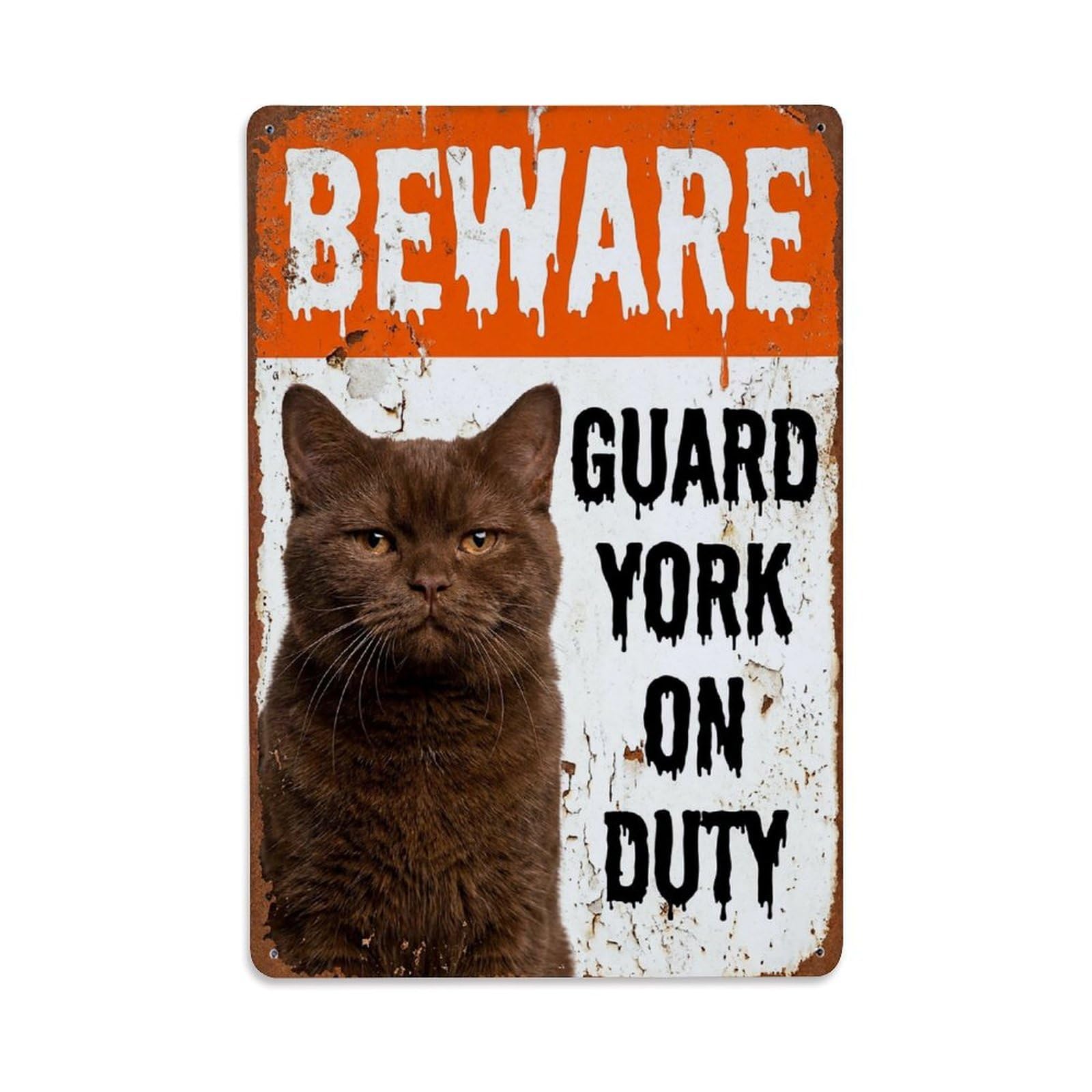 Vintage Funny York Guard Beware of Cat Stoop Metal Tin Sign Plaque Wall Decor for Cafe, Club Bar, Office, Garden Metal Poster 8x12Inch