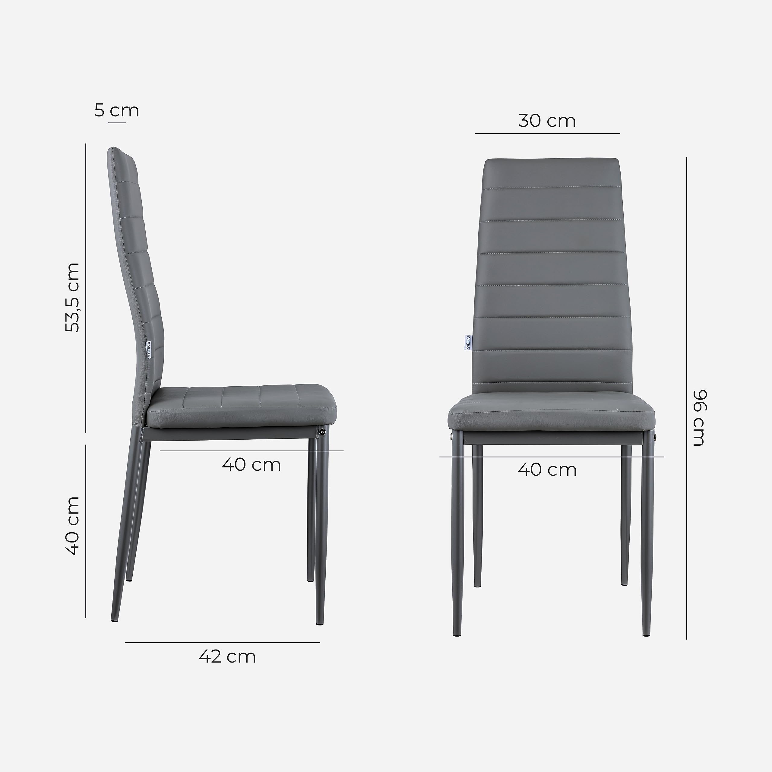 Baroni Home Set di 4 Sedie da Pranzo con Schienale Alto e Seduta Ergonomica con Cuciture Decorative, Sedie Eleganti Imbottite in Ecopelle con Struttura in Acciaio, 40X48X96 cm, Grigio