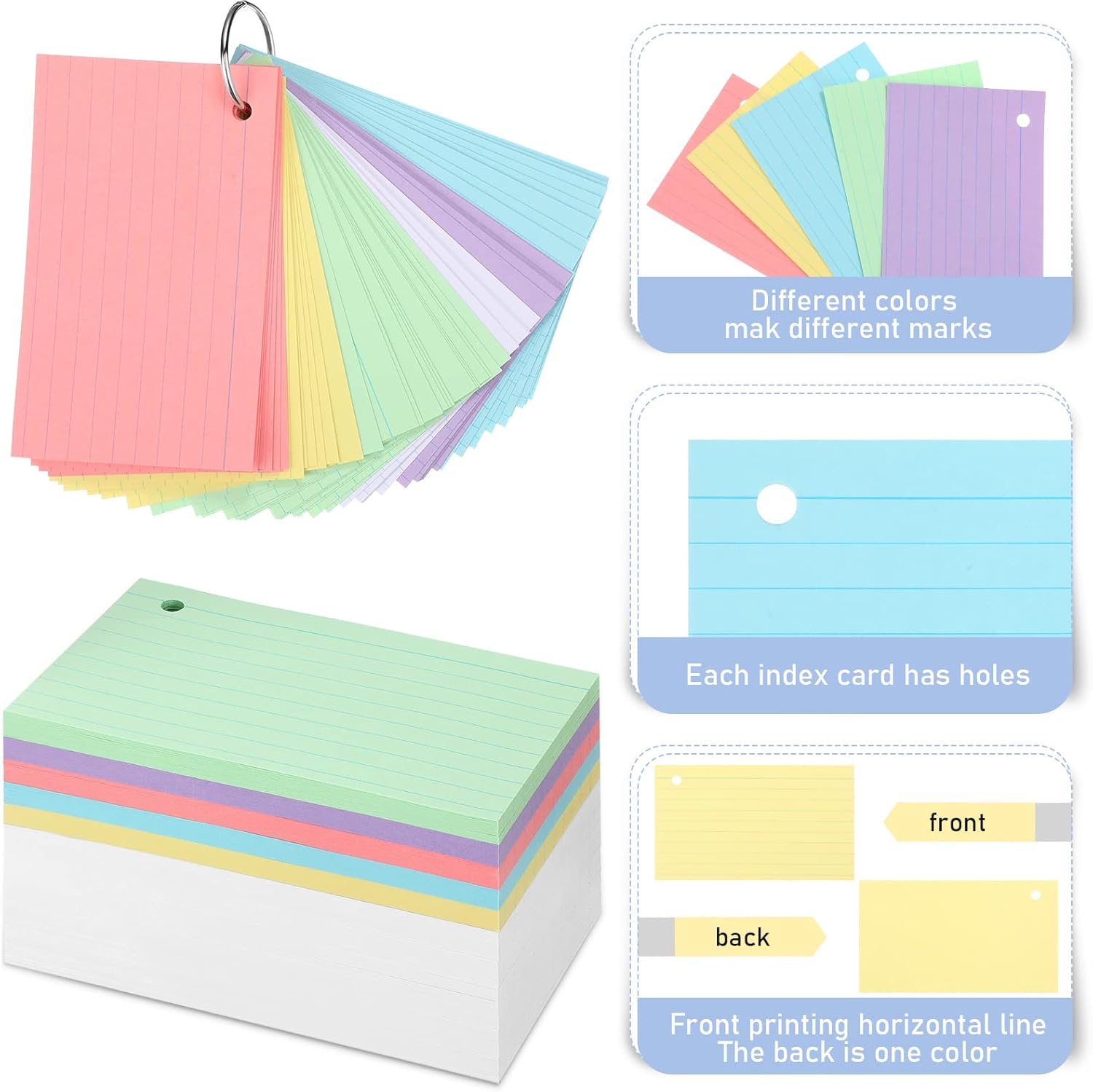 300 Pieces Index Cards Flash Cards with Rings Punched Index Cards Flashcards On a Ring for Studying Ruled Color Note Cards for Adults Kids Home Classroom Office (3 x 5 Inch) : Office Products