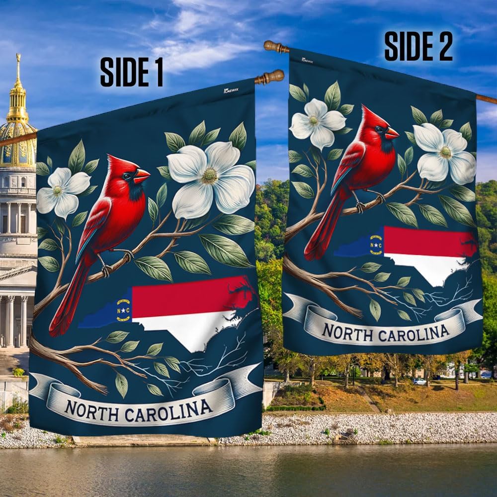 American Flag-North Carolina Map Flag With Cardinal and Flowering Dogwood Flag MLN2541F, Garden Flag (11.5" x 17.5")-USA Flags Premium Polyester-Decorative Indoor Outdoor Flag