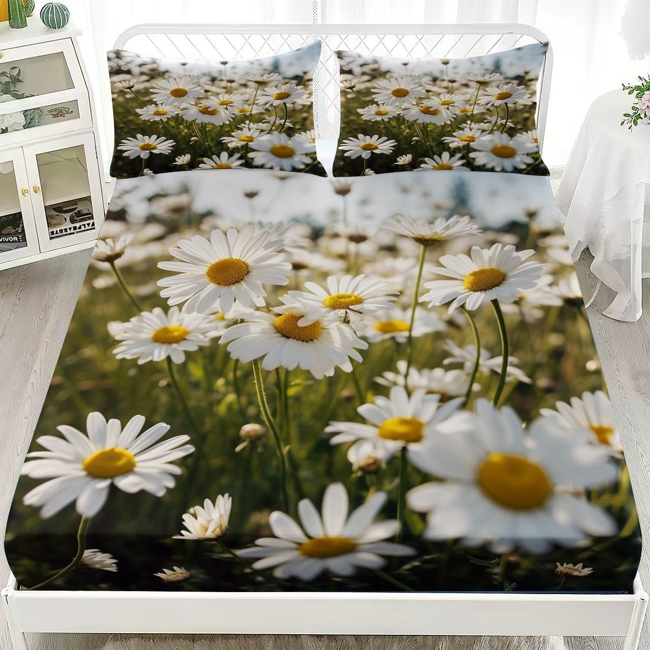 Daisy Super King Fitted Sheet Bouquet Bed Sheets Deep Pocket 12 inch (30 cm) Soft Cozy 3 Piece Microfibre Bed Sheet 180x200 cm with 2 Pillowcases 50x75 cm