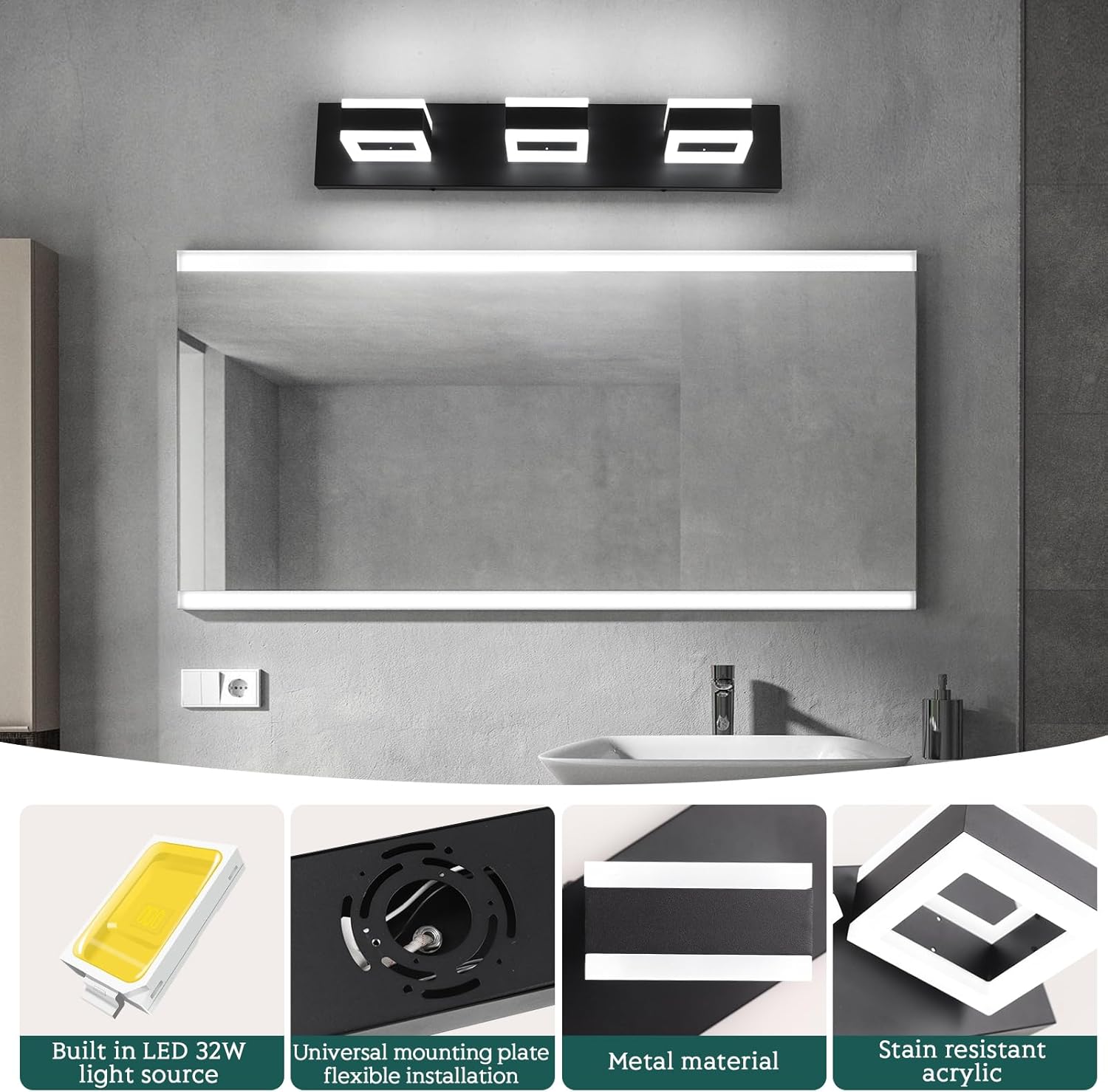 LED Modern Bathroom Vanity Light, 24 in Modern Bathroom Light Fixtures Over Mirror, Matte Black Wall Light, 6000K Cool White Vanity Lights with 360° Adjustable Heads Acrylic Shades