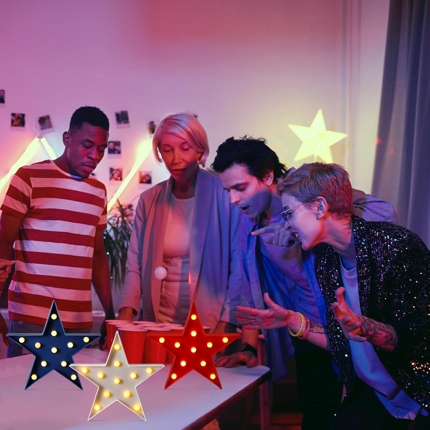 Tujoe 3 Pcs 4th of July Star Lights LED Independence Day Signs Red White and Blue Patriotic Star Centerpieces for Tables Indoor Outdoor Independence Day Party Decorations(Smooth)