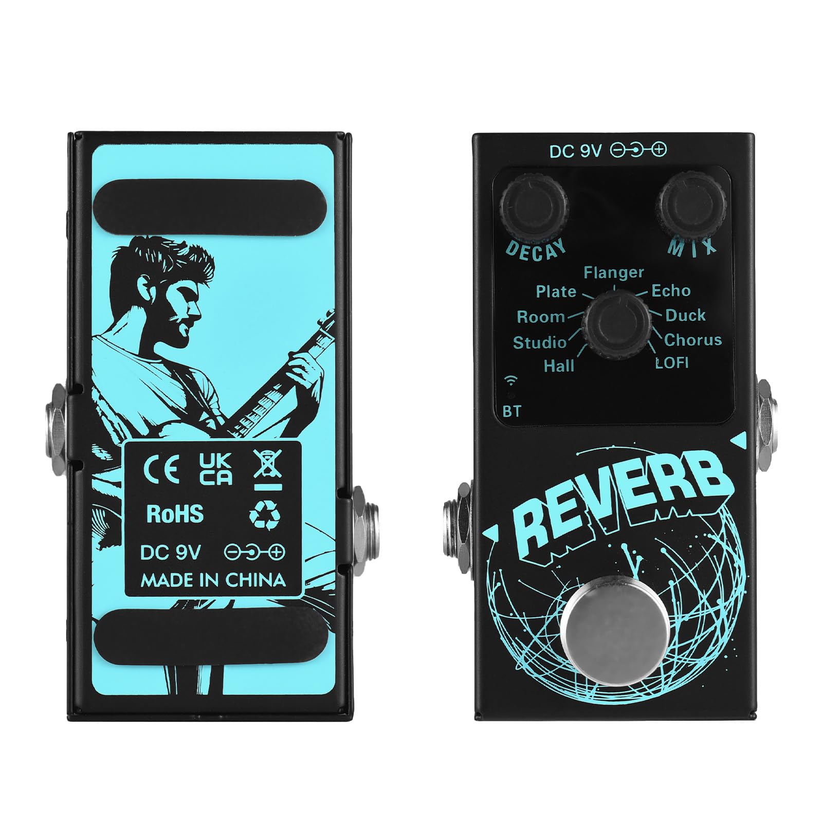 Reverb Effekte Pedal, 9 Arten Reverb, E-Gitarre Hall/Studio/Room/Plate/Echo/Flanger/Duck/Chorus/LOFI, DECAY/MIX, Tragbar, BT 5.4, USB, Metall