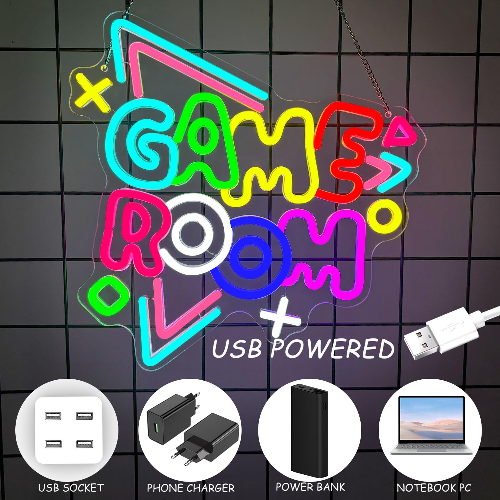 Neon LED Gaming, Décoration Murale pour Chambre Gamer et Salle de Jeux, Enseigne Lumineuse Néon avec USB et Variateur d'Intensité, Cadeau pour Ados et Adulte, Accessoire Bar et Deco Chambre