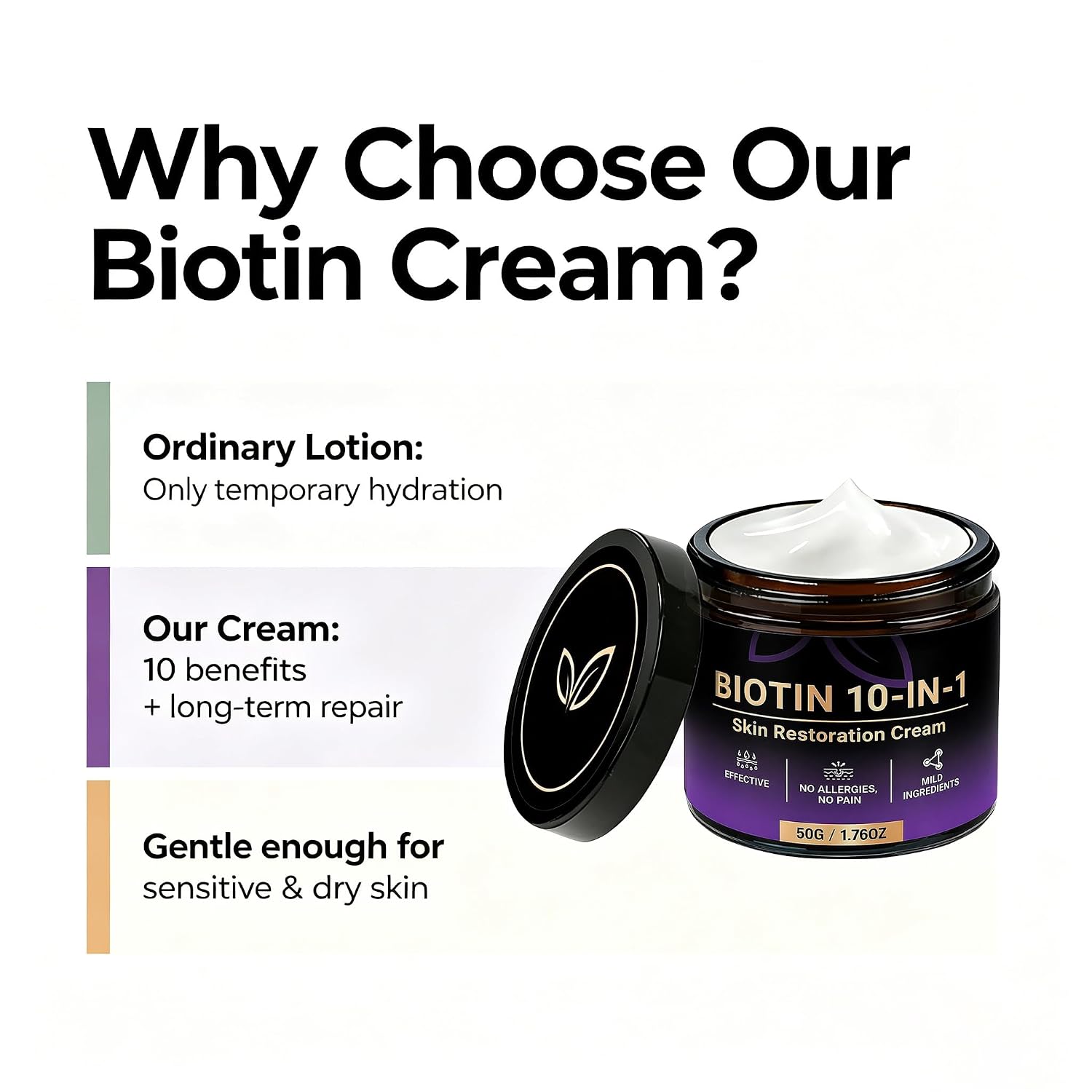 Biotin 10-in-1 Skin Restoration Cream, Vitamin C & Natural Plant Extracts Moisturizer, Deep Repair for Scars, Fine Lines & Blemishes, Collagen Lifting Body Cream for All Skin Types, 50ml (2 Pack)