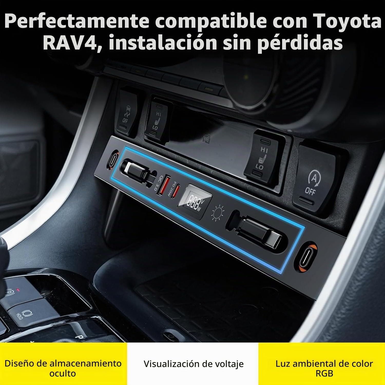 Concentrador USB para Coche Toyota RAV4 2020-2025, Estación de Acoplamiento Retráctil Multipuerto, Cargador Rápido de Teléfono para Consola Central con luz RGB para Toyota RAV4 Accesorios(Black)