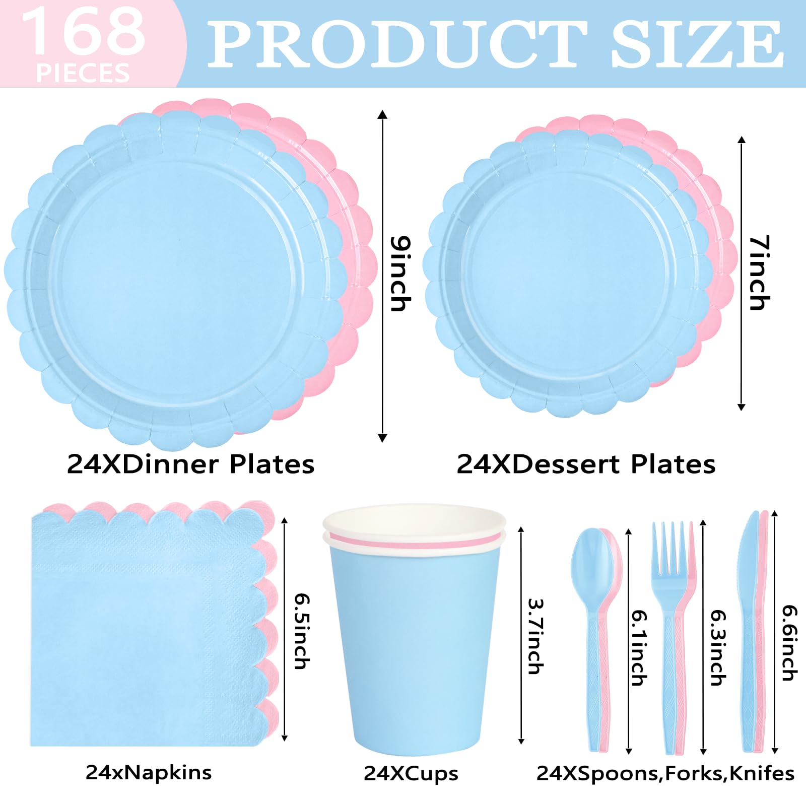 168 PCS Light Pink and Blue Scalloped Plates and Napkins, Pink Disposable Plates Set with Napkins Cups Plastic Spoons Forks Knivesfor Baby Shower Gender Reveal Birthday Party Supplies Serve 24 Guests