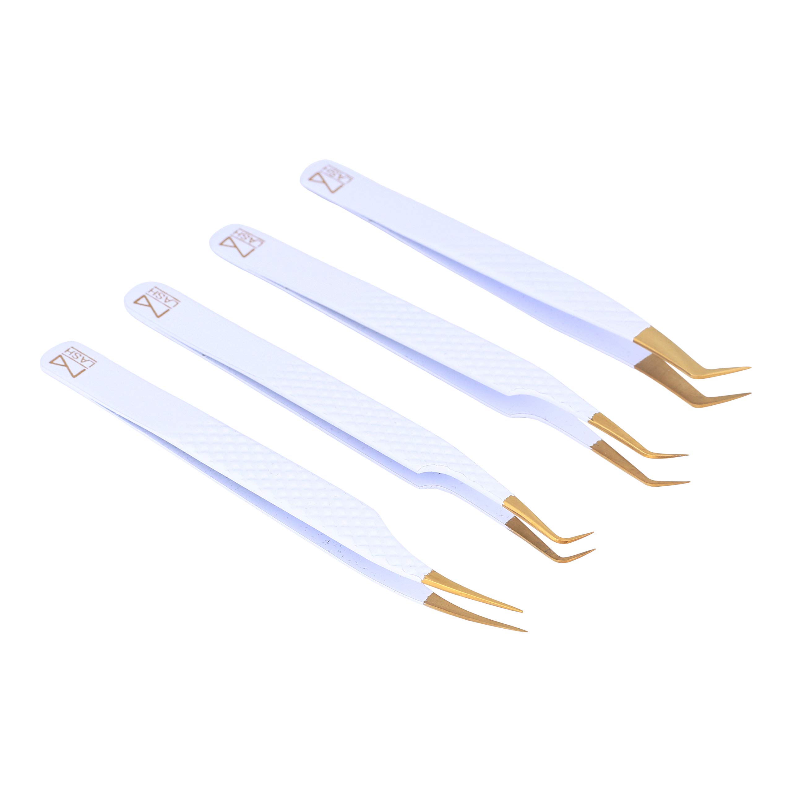 M LASH Kirpik Uzatma Cımbızları (4'lü Set) - Kirpik Uzantıları için Profesyonel ve Hassas Kirpik Cımbızları - Japon Çelik, Elmas Kavrama, Fiber Uç V3 (Beyaz)