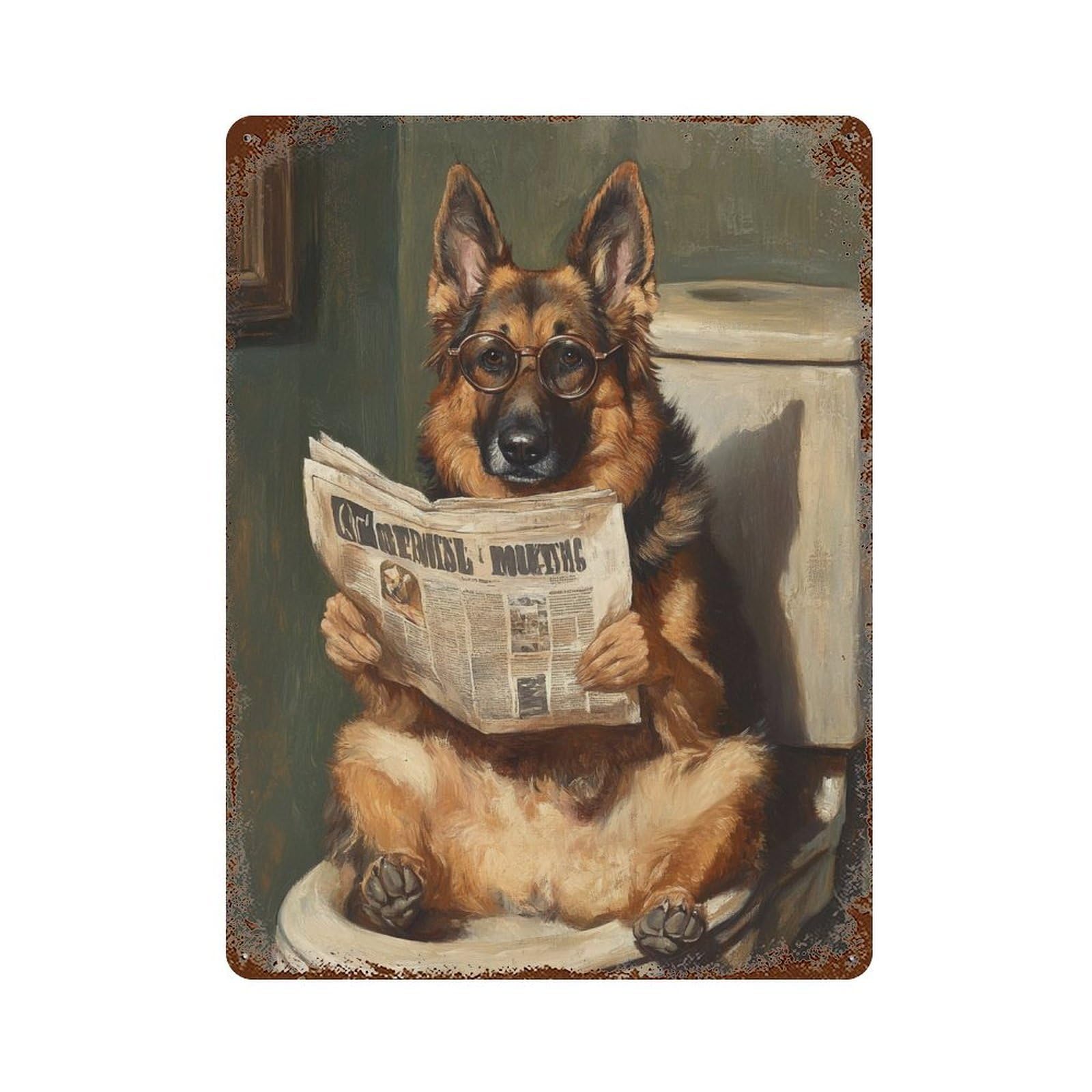 Dog Reading Newspaper on Toilet-31 Distressed Metal Wall Sign 15.7"x11.8", for Garage, Bar And Workshop Decor, Decorative Metal Wall Art