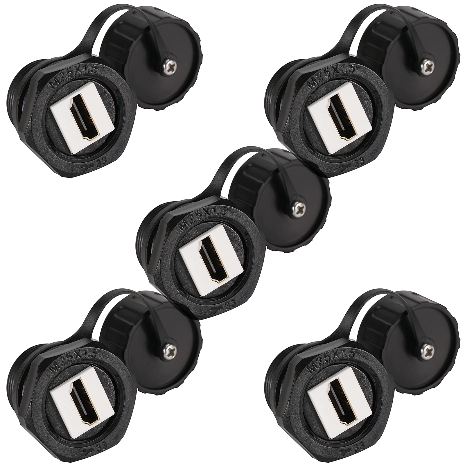 ANMBEST 5PCS HDMI Waterproof Connector, M25 Panel Mounting Female to Female HDMI Bulkhead Coupler with Waterproof Dust Cap