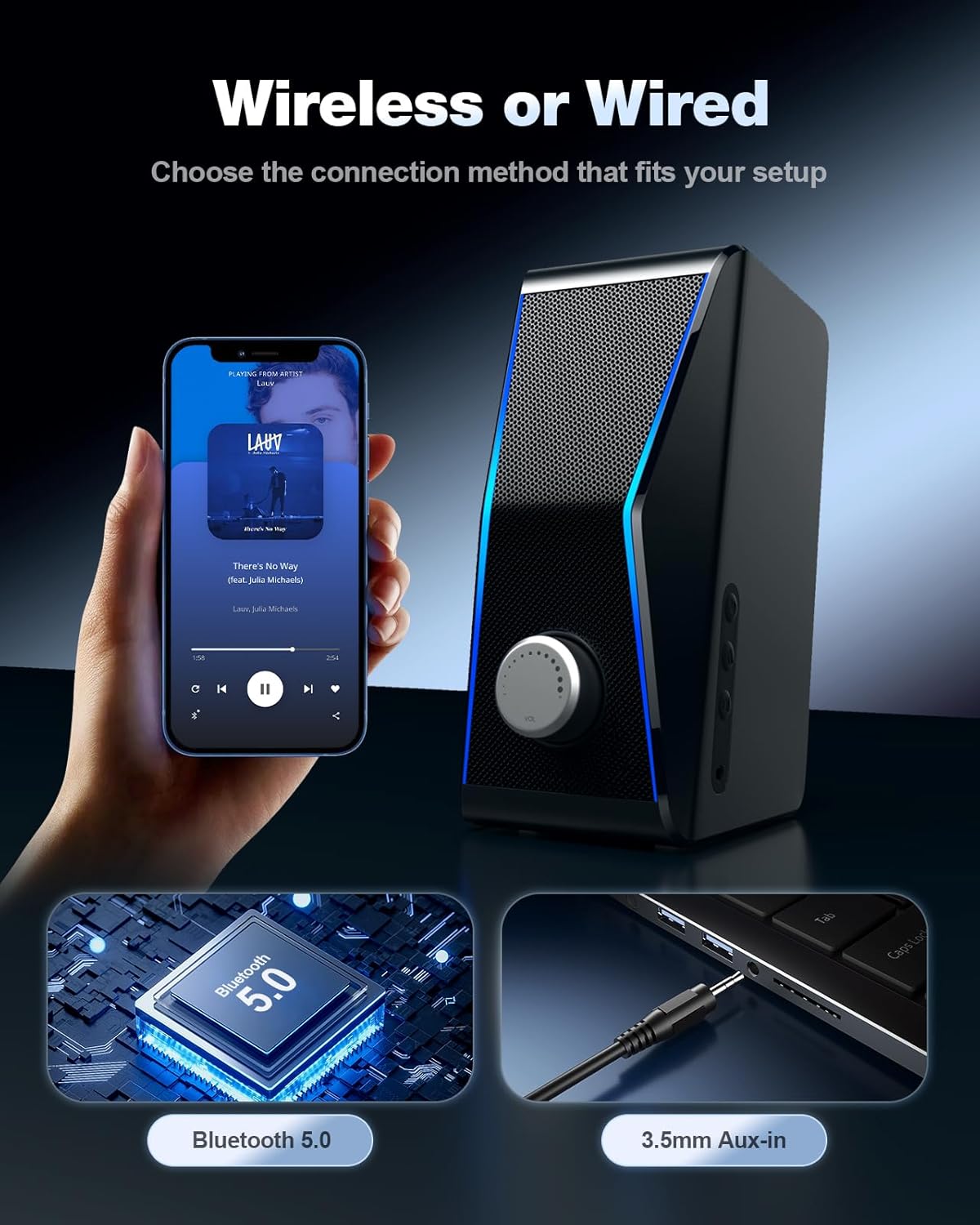 Nylavee Computer Speakers for Desktop PC, 14W AC Powered PC Speakers with Bluetooth & 3.5mm AUX, Hi-Fi Stereo Speakers for Monitor & Laptop, with EQ Modes and Ambient Lights for Home Office and Gaming - Image 4