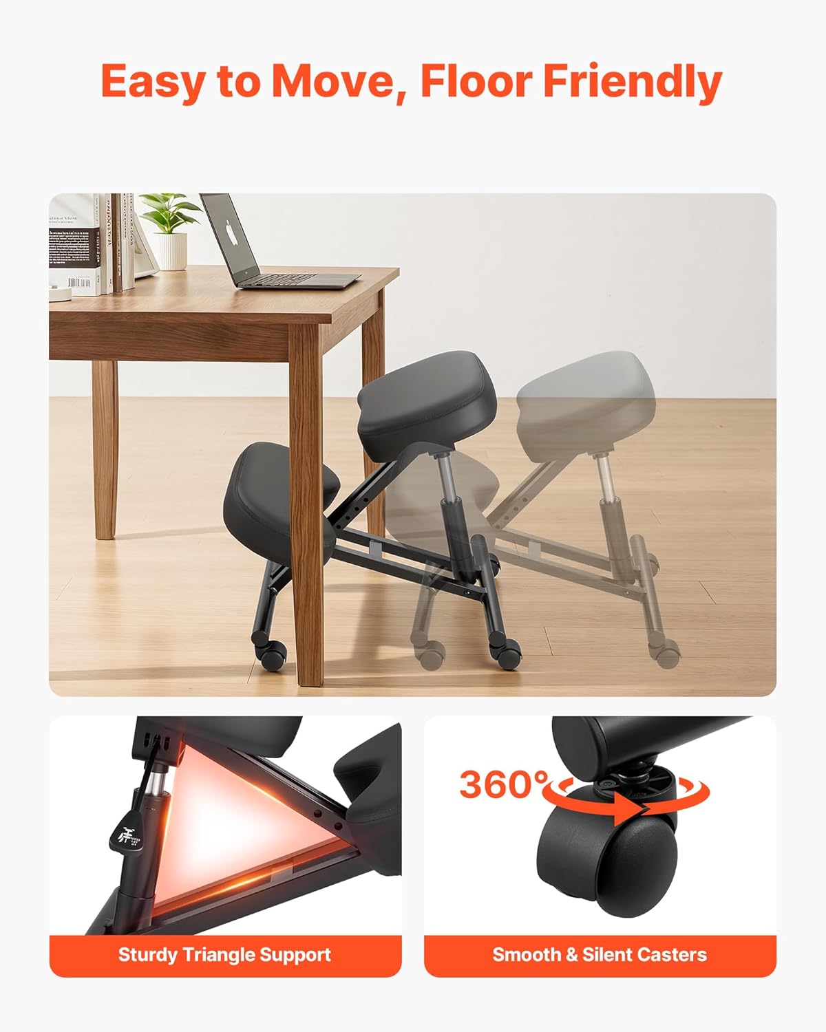 VEVOR Ergonomic Kneeling Chair with Wheels, Mobile X-Shaped Posture Knee Chair with Adjustable Height & Thick Foam Cushions, Natural Relief for Neck or Back Pain for Home, Office or Meditation, Black