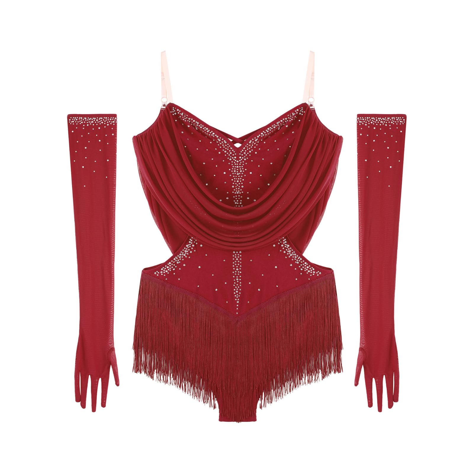 IEFIEL Brillante Body Franges Avec Gants Strass Femme Leotard Danse Latin Tango Rumba Spectacle Danseuse Justaucorps Gymnastique Rythmique