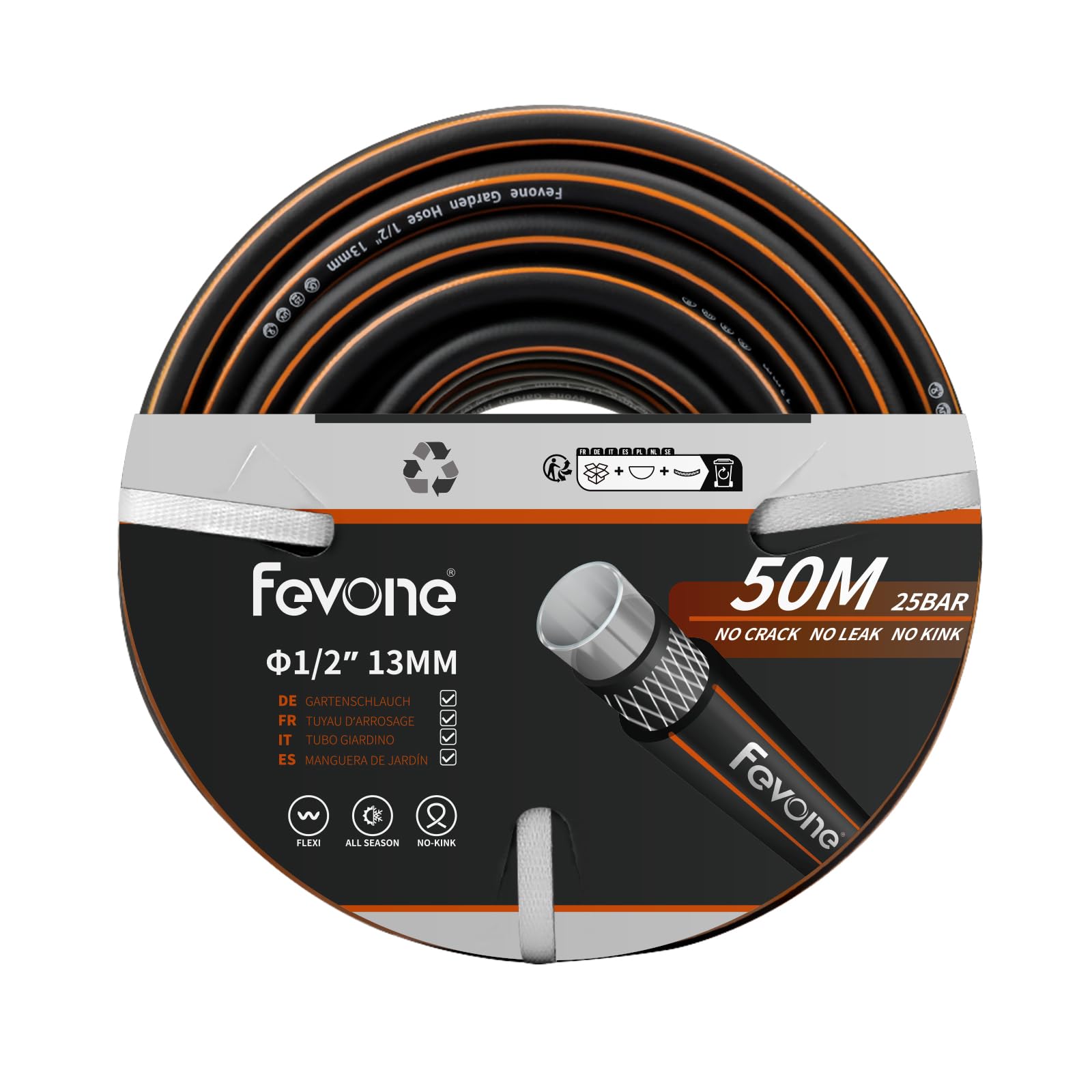 Fevone Tuyau d'arrosage 50 m 4 couches Φ13 mm (1/2") 25 bar Adaptateur de jardin Seringue Buse Distributeur Ant Kink Indéformable Robuste Noir/orange