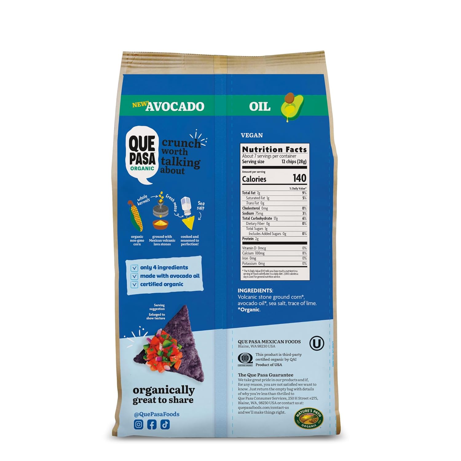 Que Pasa Organic Avocado Oil Blue Corn Tortilla Chips, 7.5 oz (Pack of 8), Gluten Free, Non-GMO, by Nature's Path