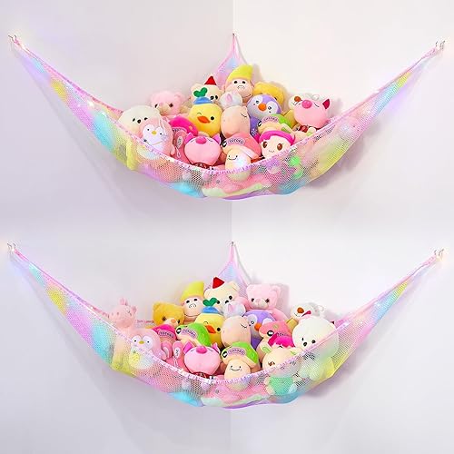 Basumee Red de animales de peluche o hamaca con luz LED, hamaca de red de juguetes para almacenamiento de animales de peluche, hamacas para