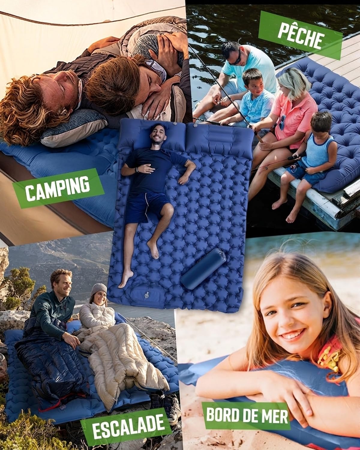 Matelas Gonflable 2 Personnes Camping Autogonflant avec Pompe à Pied et Oreillers Intégrés Imperméable Compact Bleu Marine