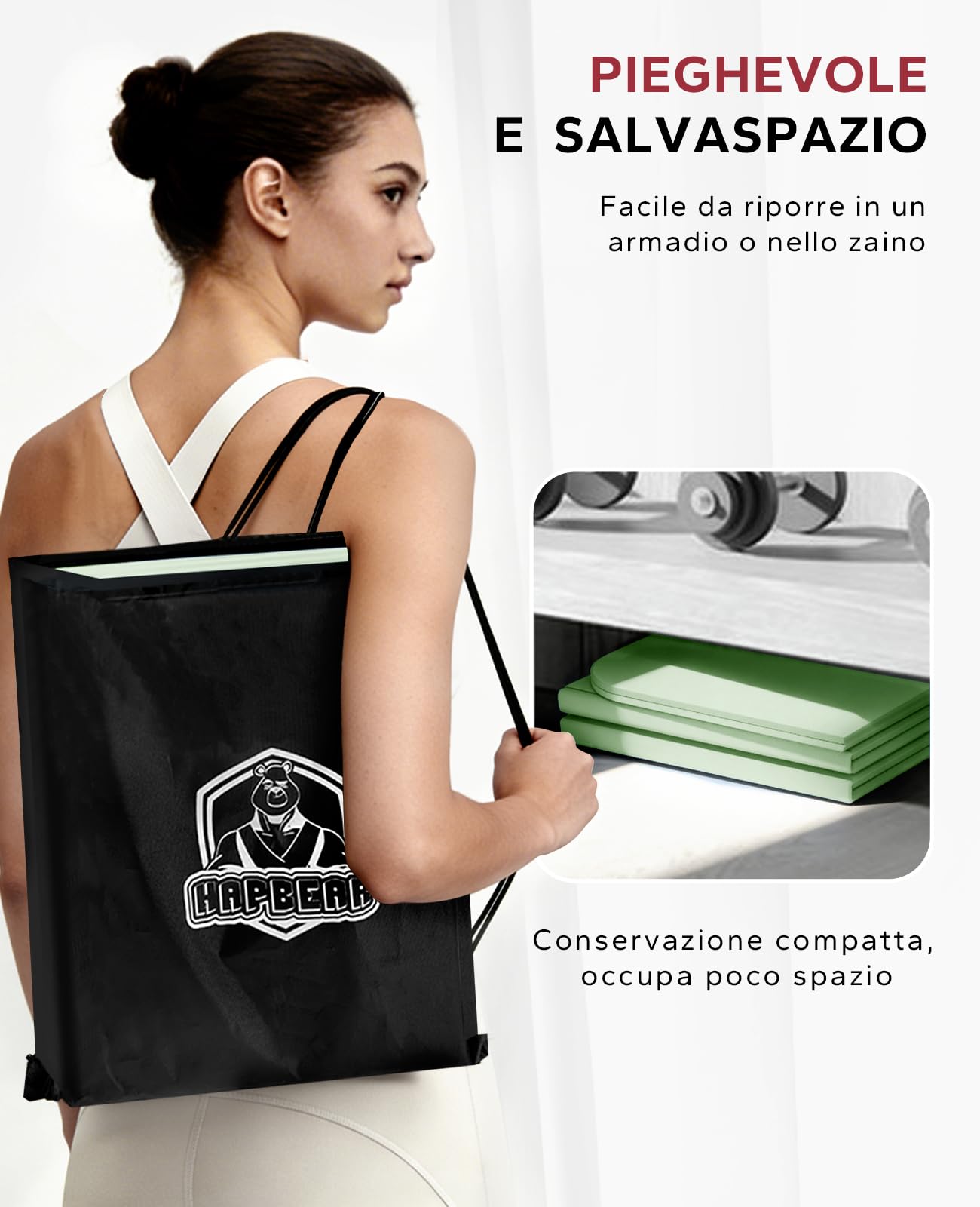 HAPBEAR Tappetino Yoga Pieghevole 183x61x0,6 cm, Tappetino Palestra Pieghevole Antiscivolo in TPE Ecologico con Borsa, Tappetino Yoga da Viaggio Portatile per Casa, Pilates, Stretching e Fitness