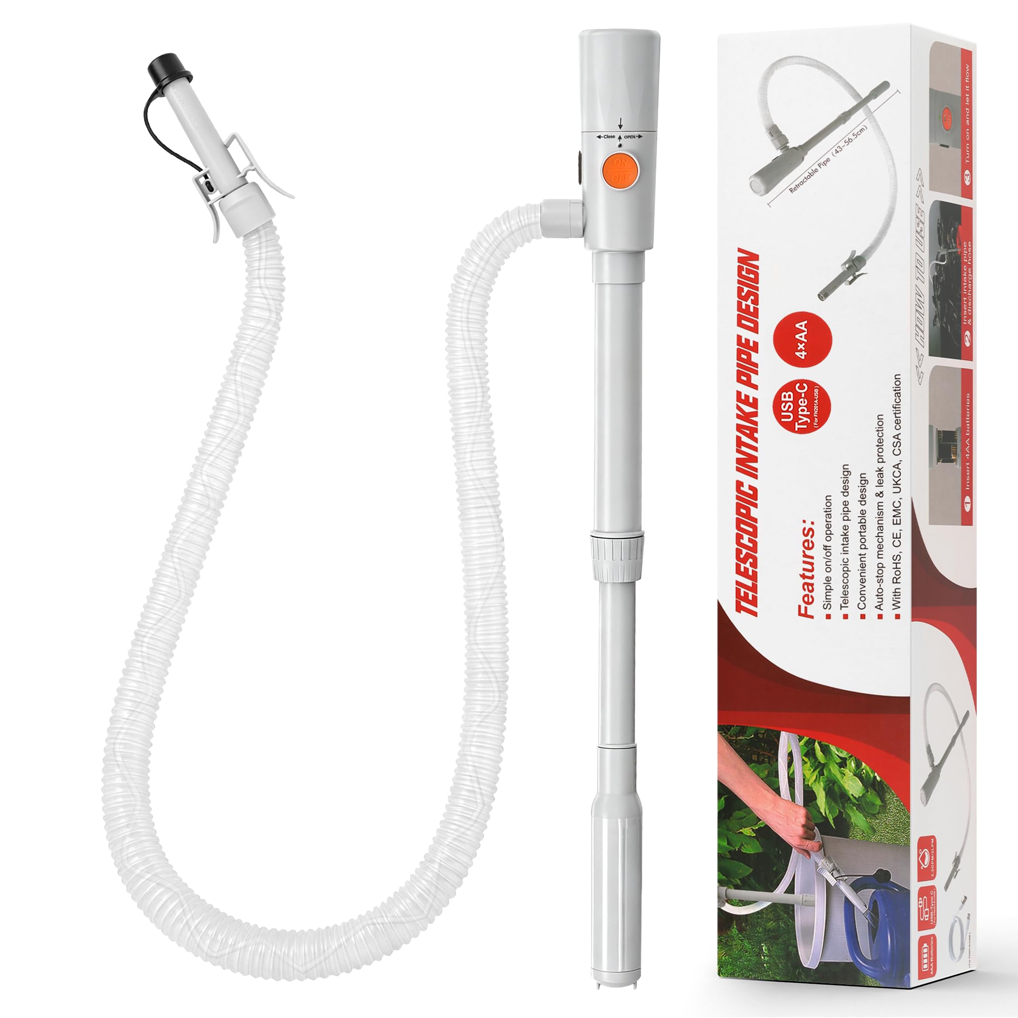 FIVAVA Elektrische Benzinpumpe, 3,2 GPM Hochgeschwindigkeits-Transferpumpe, USB-C & 4AA Doppelstromversorgung, Teleskop-Saugrohr 30-43cm, Kanisterpumpe für Diesel mit Automatische Abschaltung