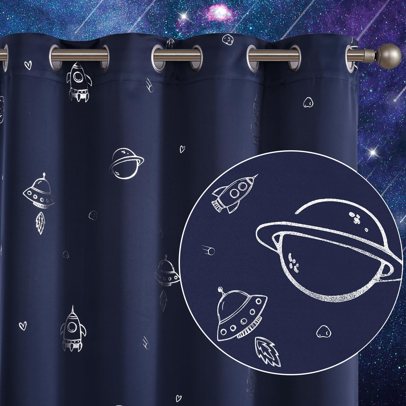 Vangao Navy Blue Kids Curtains for Boys Bedroom Space Theme Blackout Curtains for Kids Nursery Girls Room 84 Inches Length Silver Foil Print Drapes Grommet Top Window Treatments Set 2 Panels