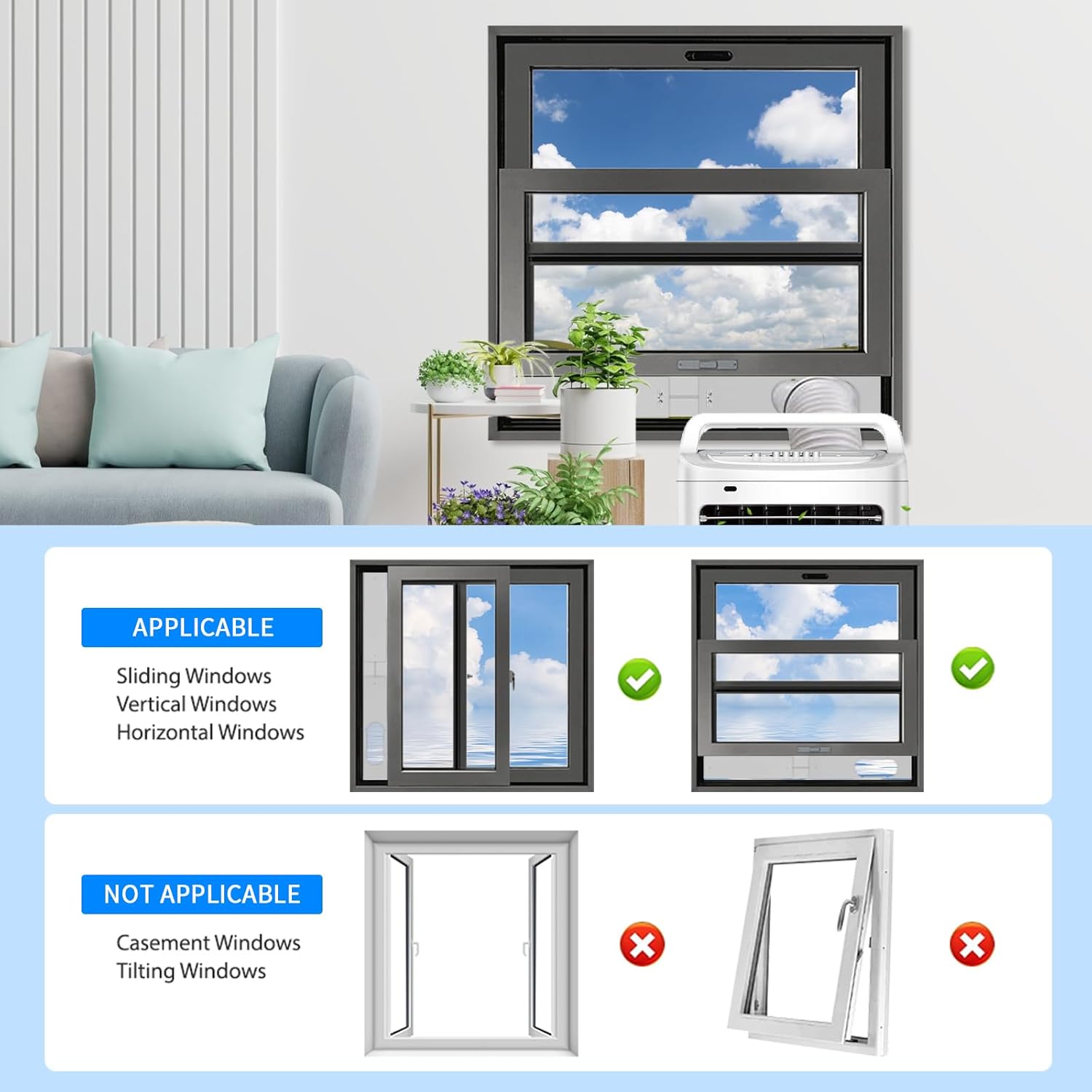 Portable Air Conditioner Window Vent Kit with 59" Length Hose Adjustable Portable AC Window Kit for Vertical/Horizontal Window for Exhaust Hose Adapter